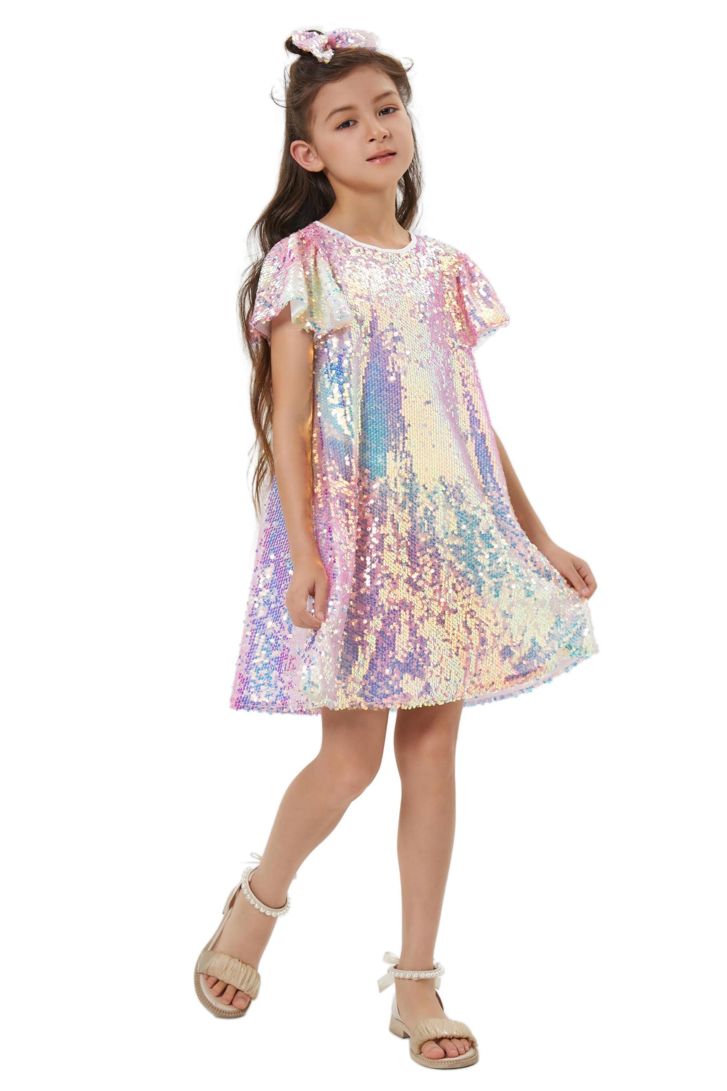 Muztagata Girls Sequin Dress – Shiny Flutter Sleeve Midi with Hair Bow | Party Dress