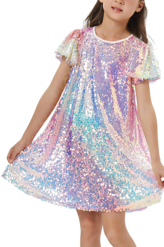 Muztagata Girls Sequin Dress – Shiny Flutter Sleeve Midi with Hair Bow | Party Dress