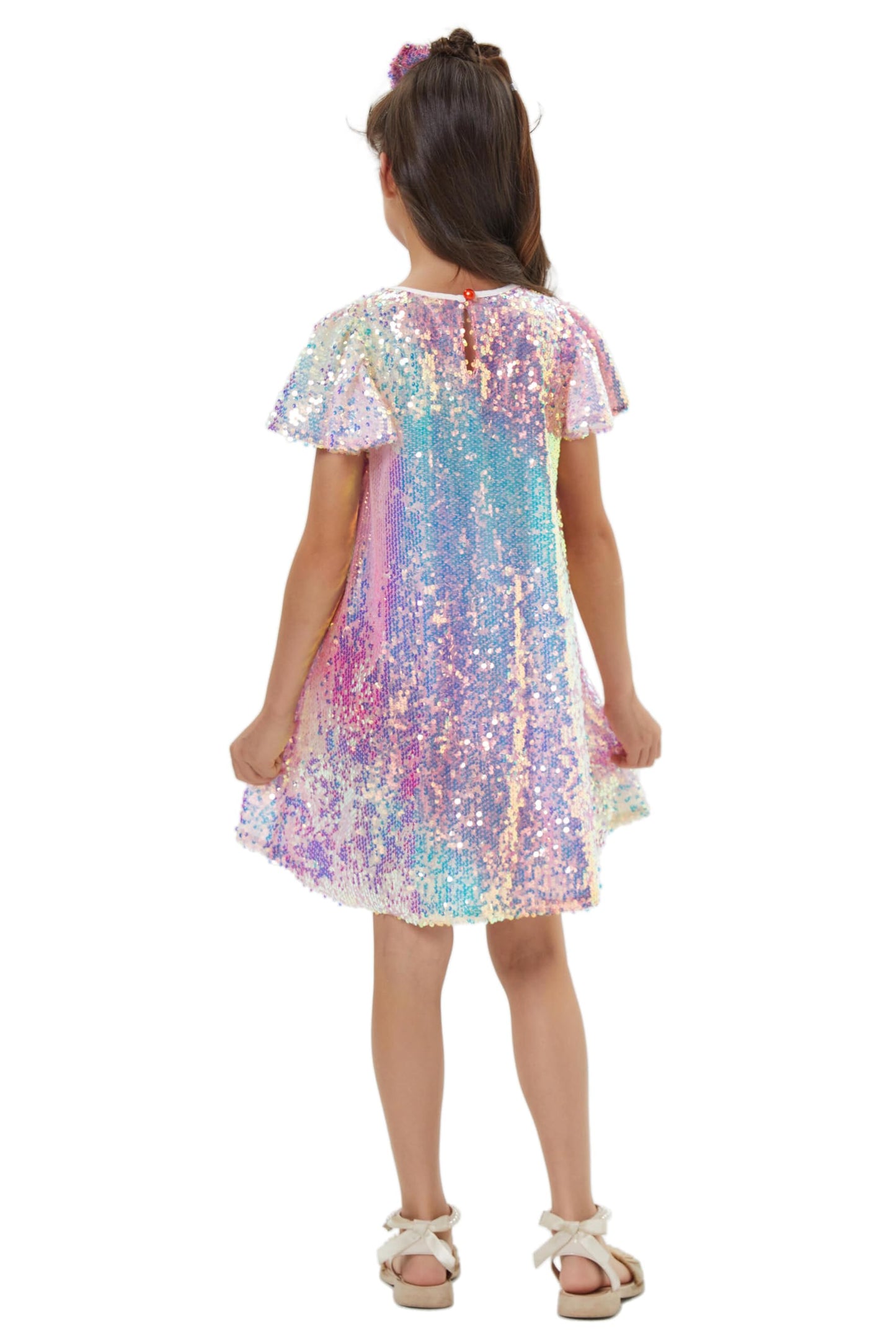 Muztagata Girls Sequin Dress – Shiny Flutter Sleeve Midi with Hair Bow | Party Dress