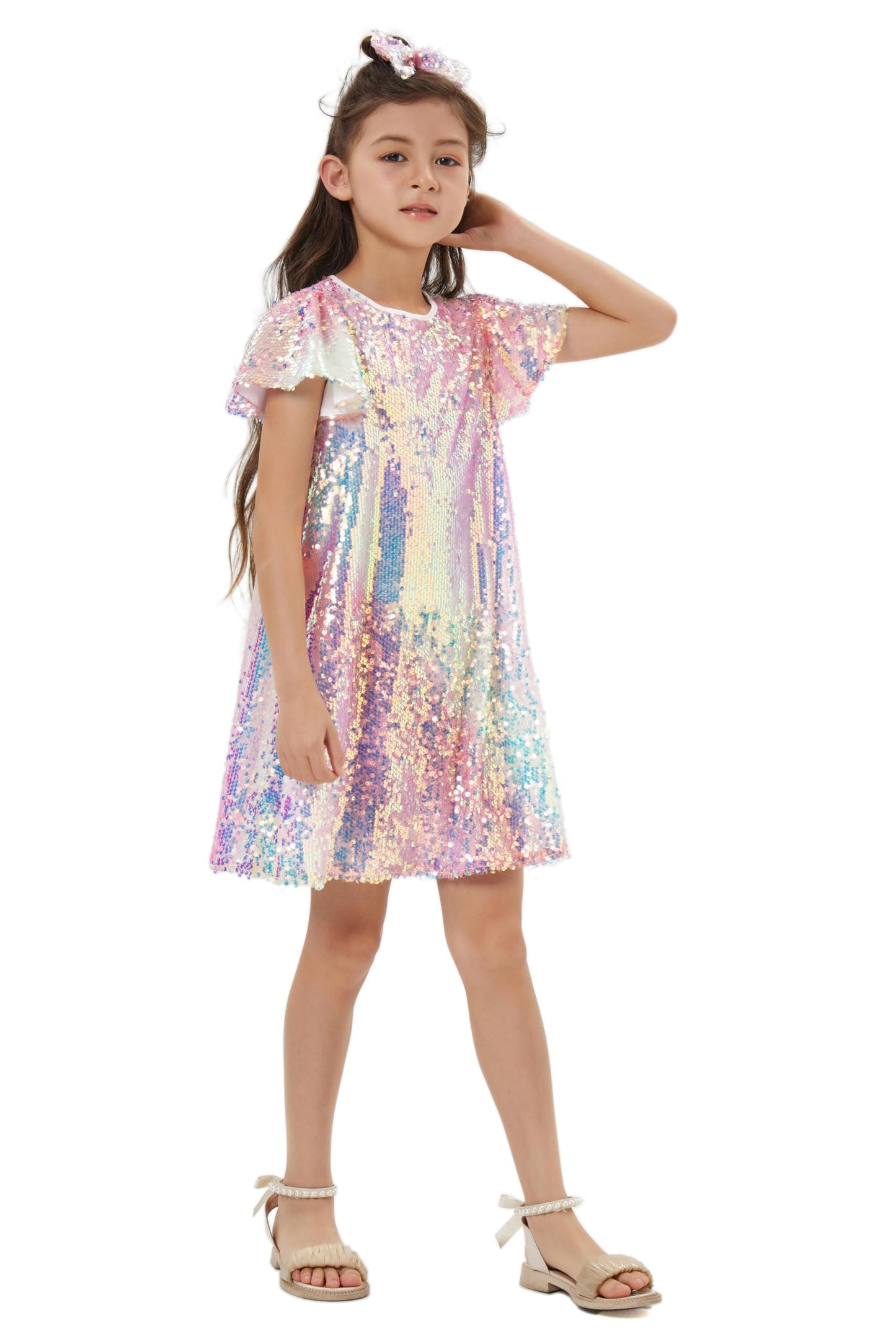 Muztagata Girls Sequin Dress – Shiny Flutter Sleeve Midi with Hair Bow | Party Dress