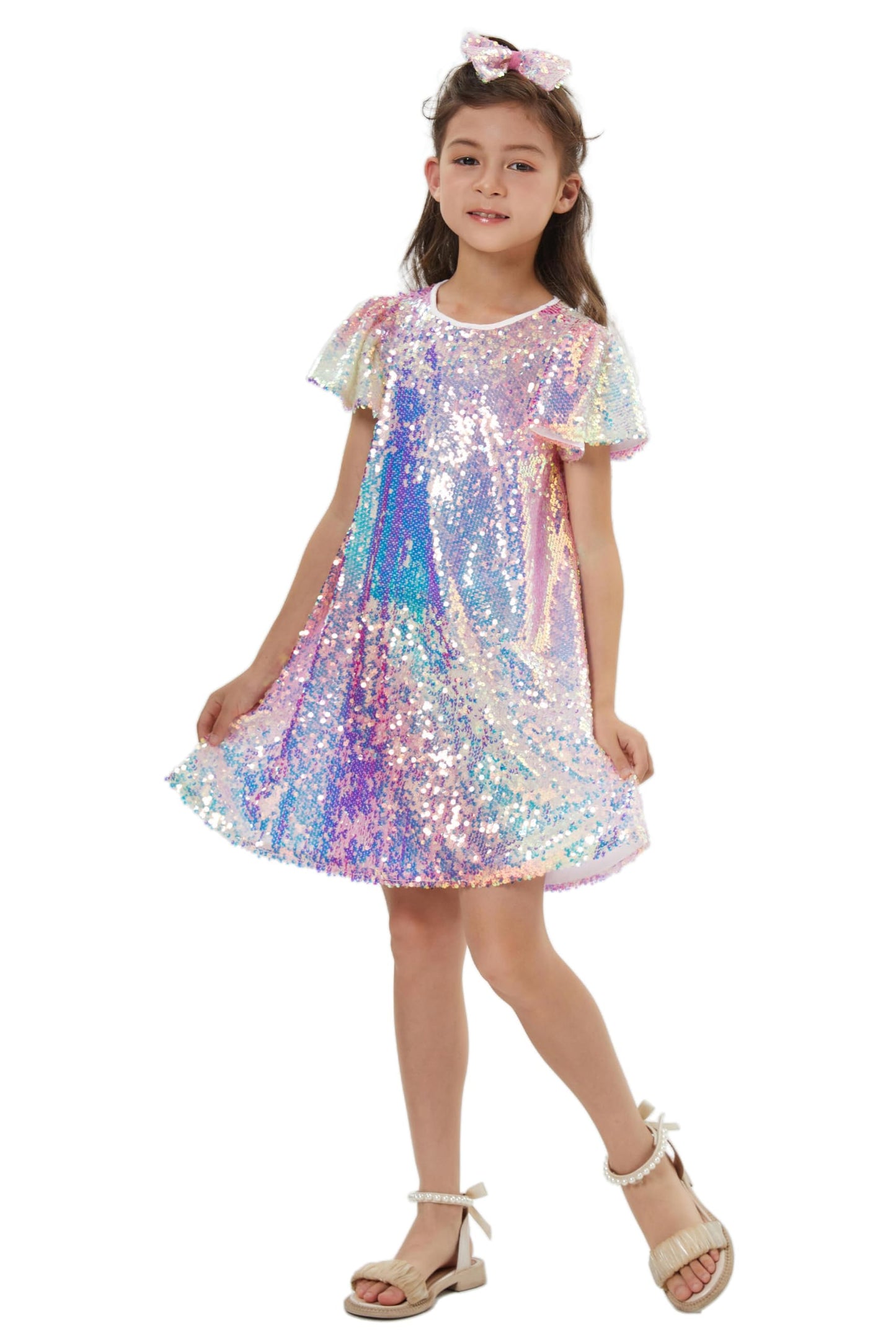 Muztagata Girls Sequin Dress – Shiny Flutter Sleeve Midi with Hair Bow | Party Dress