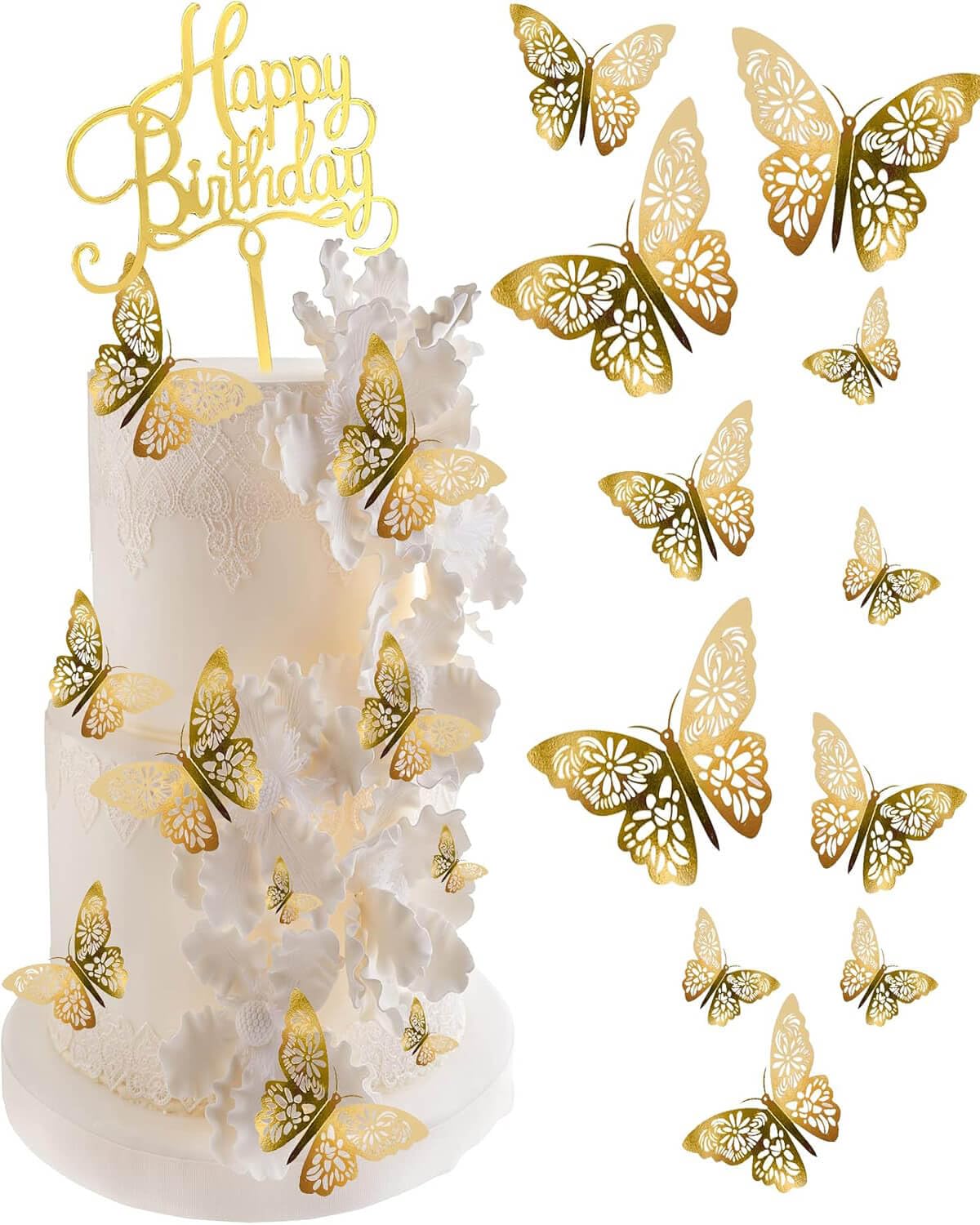 Mvwarj Gold Butterfly Cake Decorations — 24 Pcs 3D Topper Set + Happy Birthday Sign
