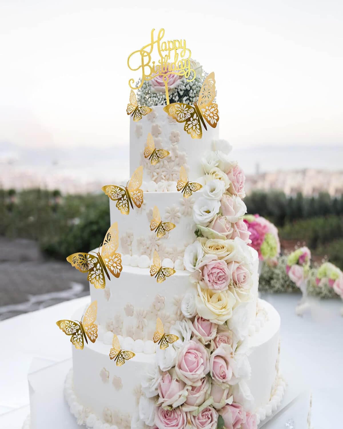 Mvwarj Gold Butterfly Cake Decorations — 24 Pcs 3D Topper Set + Happy Birthday Sign