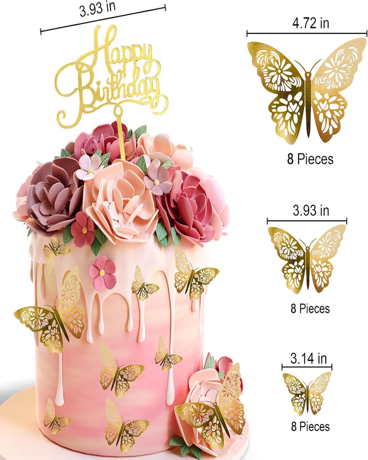 Mvwarj Gold Butterfly Cake Decorations — 24 Pcs 3D Topper Set + Happy Birthday Sign