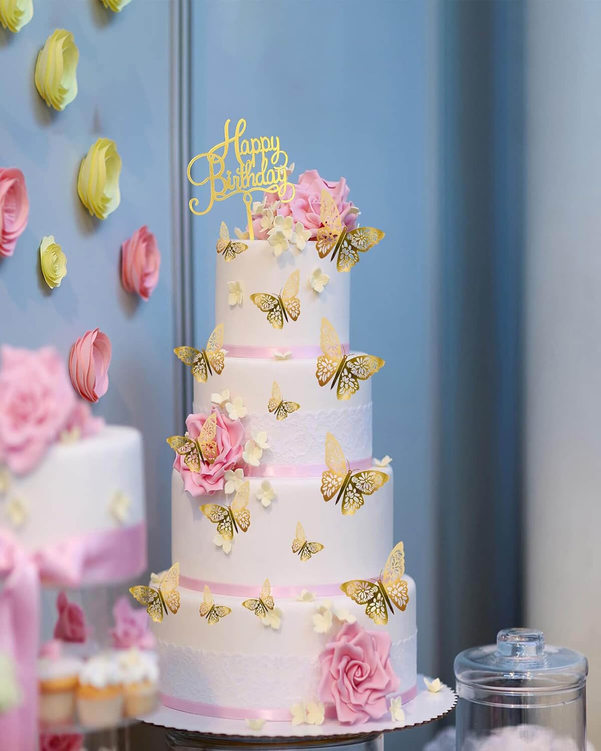 Mvwarj Gold Butterfly Cake Decorations — 24 Pcs 3D Topper Set + Happy Birthday Sign