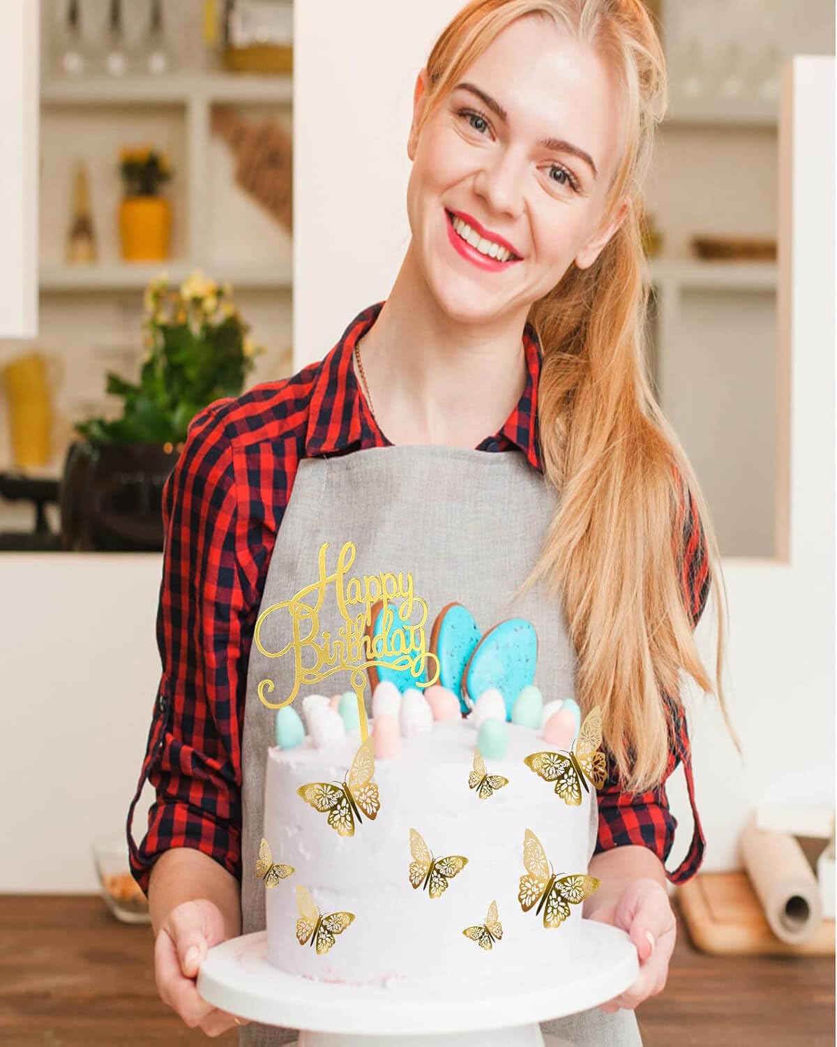 Mvwarj Gold Butterfly Cake Decorations — 24 Pcs 3D Topper Set + Happy Birthday Sign