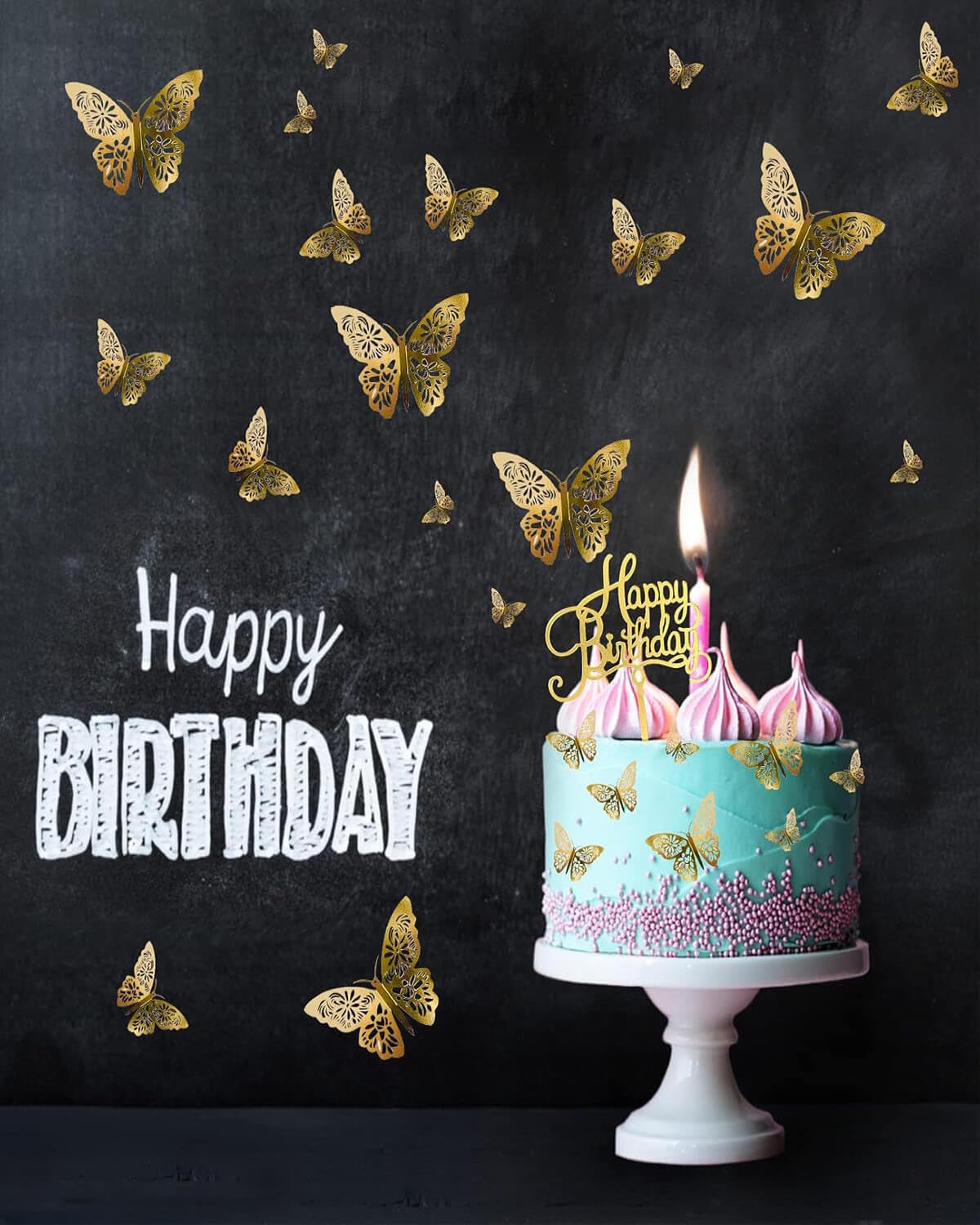 Mvwarj Gold Butterfly Cake Decorations — 24 Pcs 3D Topper Set + Happy Birthday Sign