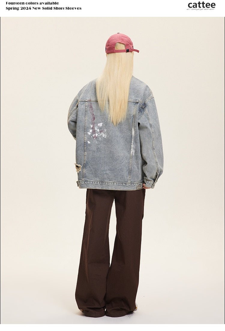 Unisex Washed Graffiti Ripped Denim Jacket - Retro