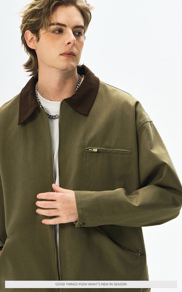 Men’s Contrast Color Washed Polo Collar Jacket