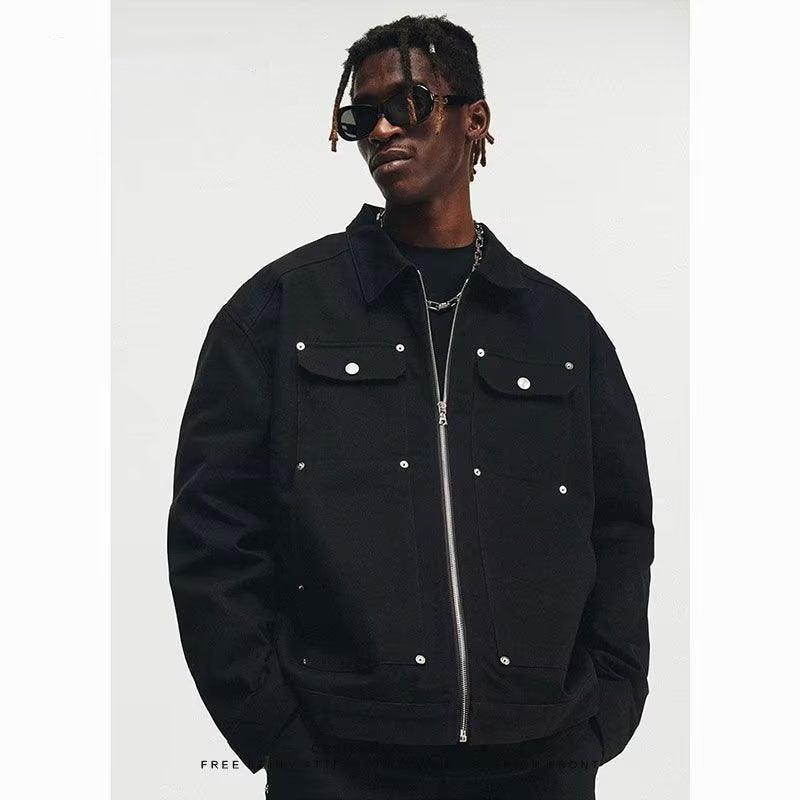 Men's Black Washed Denim Jacket with Zipper and Pocket Detailing - Retro Streetwear Style
