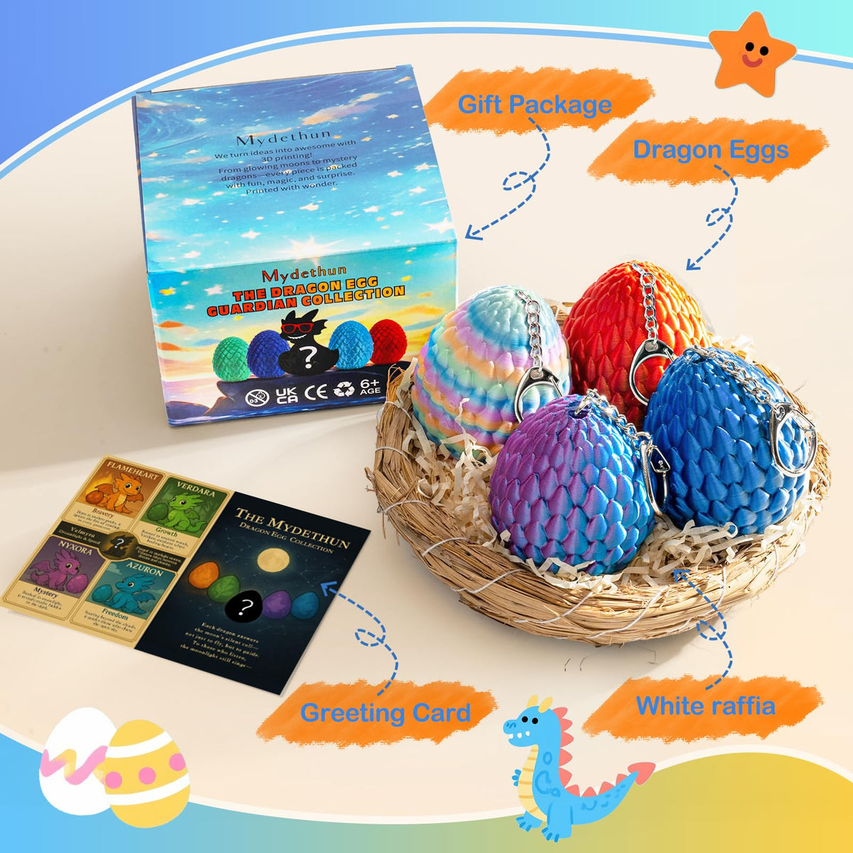 Mydethun 3D Printed Dragon Keychains & Crystalynx Egg Toy Set | Gifts for Kids 6-12