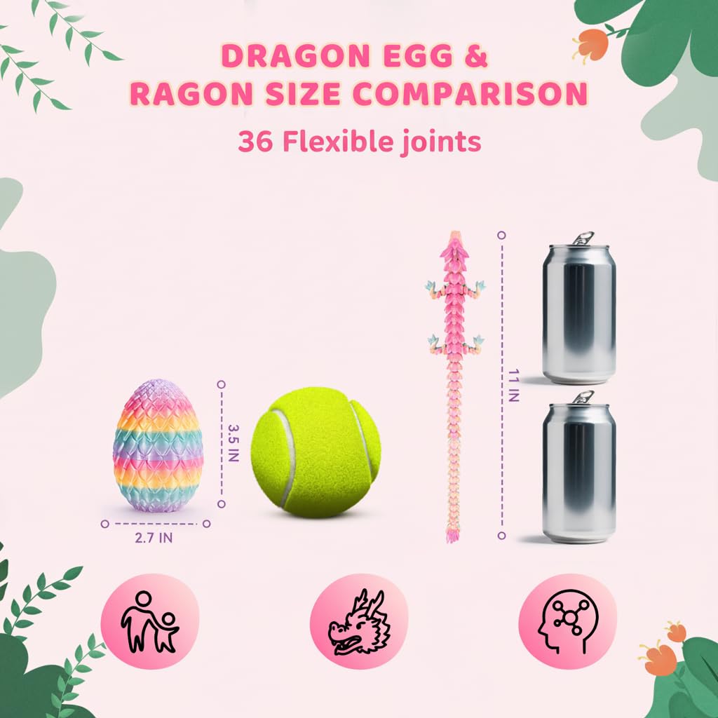 Mydethun 3D Printed Dragon Egg 11-Inch – 36-Joint Articulated Dragon Inside | Rainbow Pink Fidget & Desk Decor