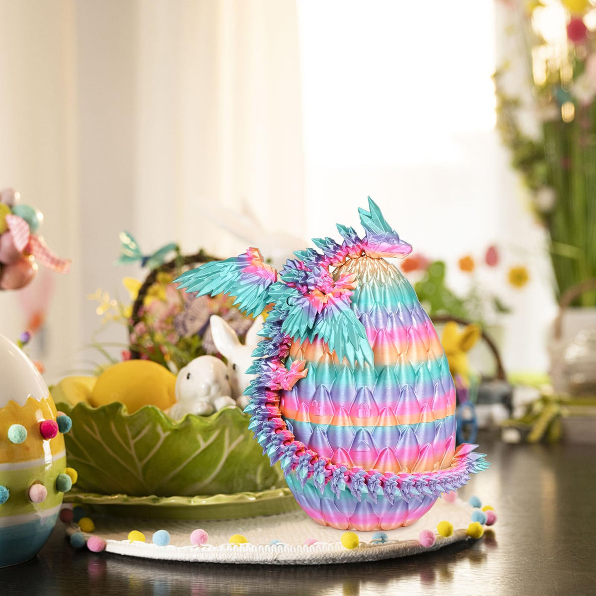 Mydhall 3D Printed Flying Dragon Egg with Articulated Dragon Inside – Rainbow Gradient (Medium)
