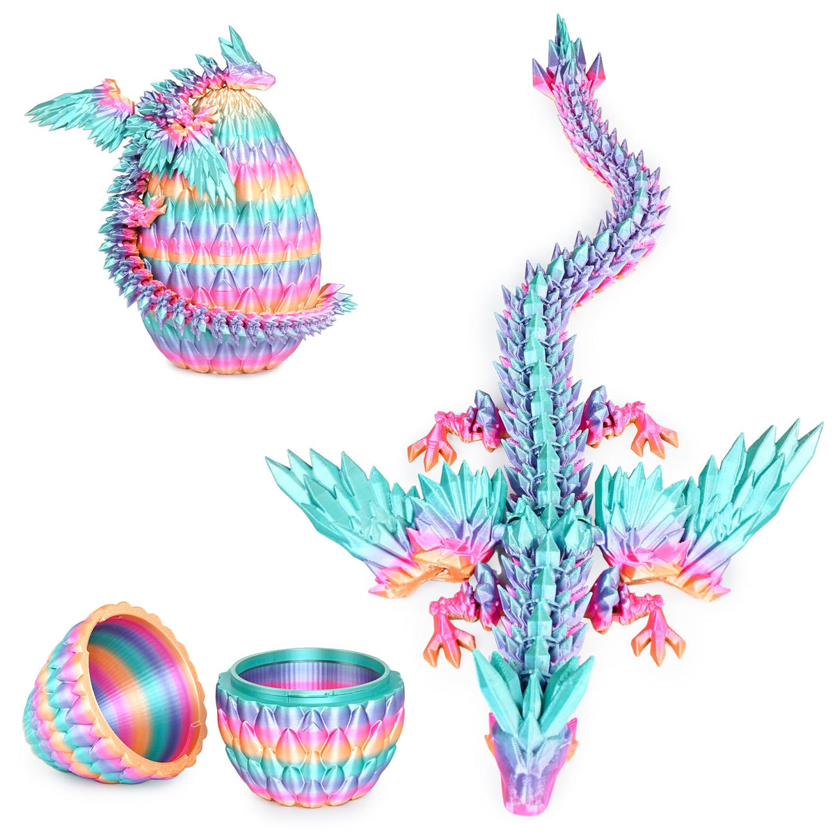Mydhall 3D Printed Flying Dragon Egg with Articulated Dragon Inside – Rainbow Gradient (Medium)