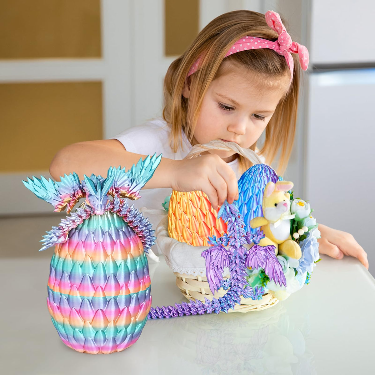 Mydhall 3D Printed Flying Dragon Egg with Articulated Dragon Inside – Rainbow Gradient (Medium)