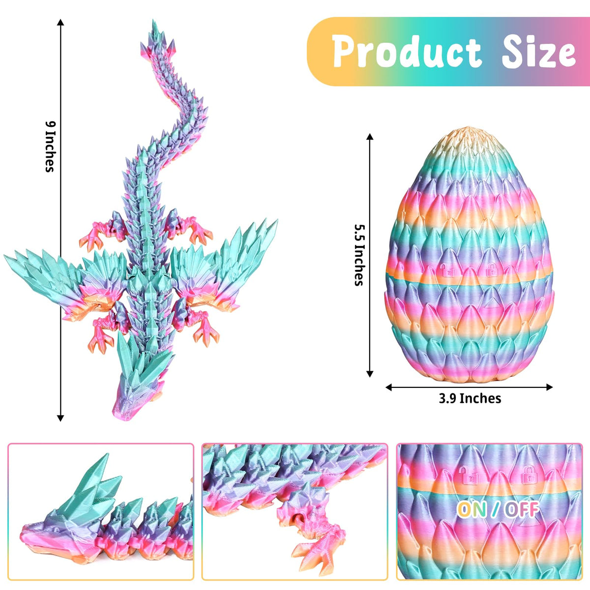 Mydhall 3D Printed Flying Dragon Egg with Articulated Dragon Inside – Rainbow Gradient (Medium)