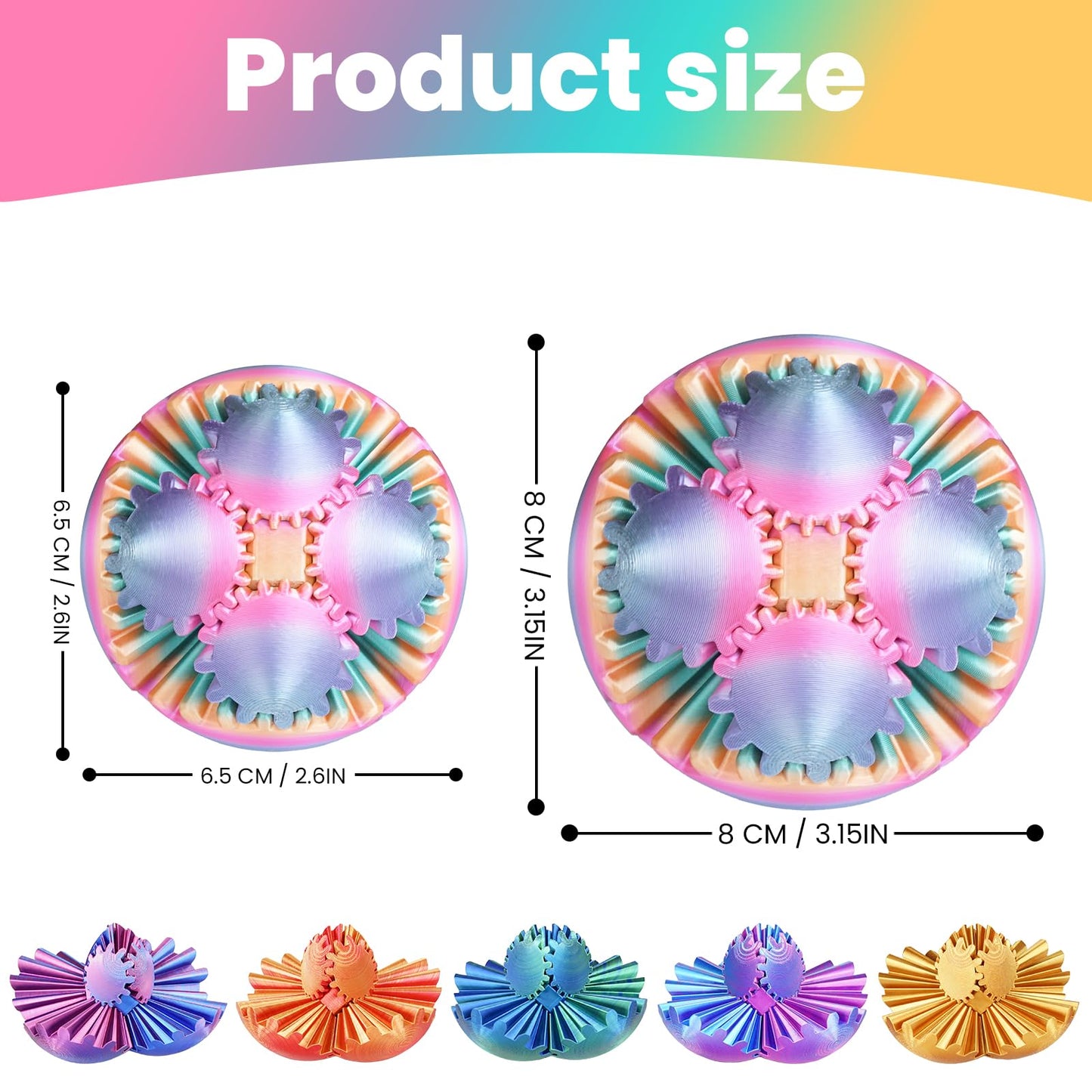 Mydhall Gear Ball – 3D Printed Gear Sphere Fidget Toy (Rainbow, 2.6 in)