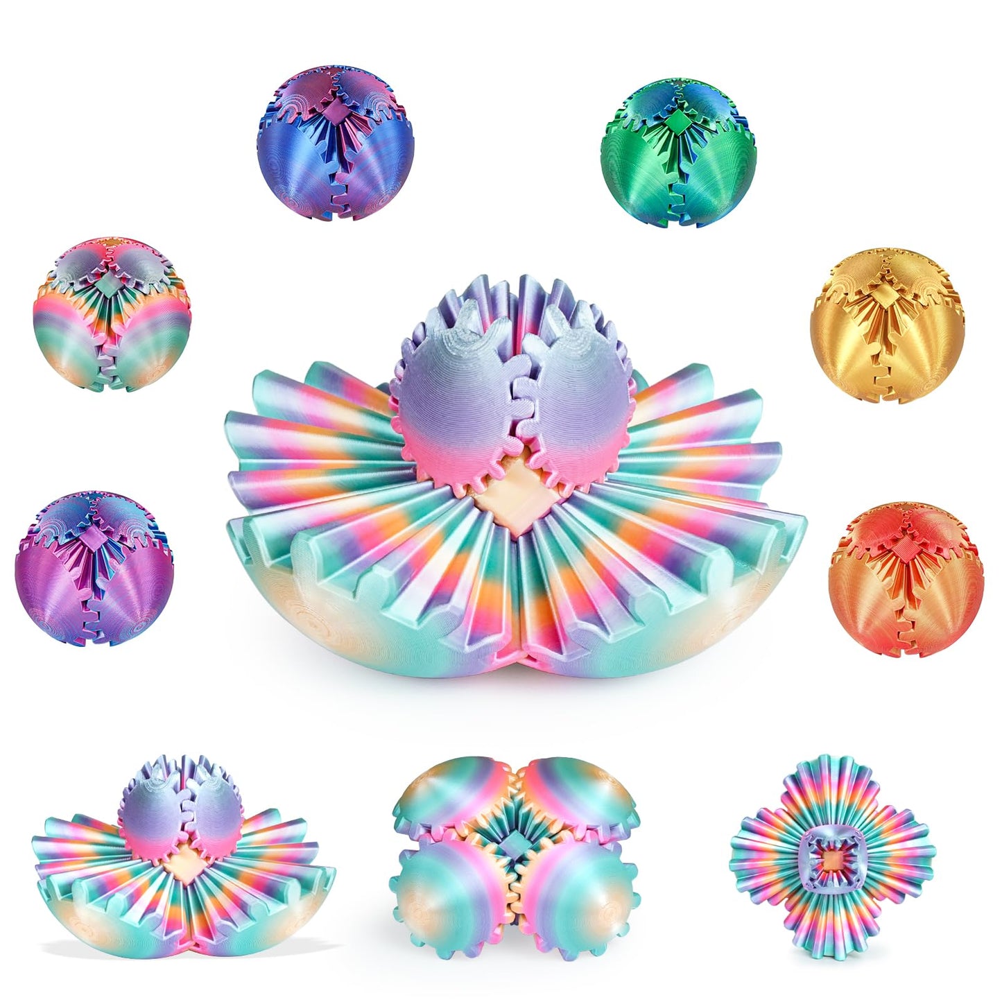 Mydhall Gear Ball – 3D Printed Gear Sphere Fidget Toy (Rainbow, 2.6 in)
