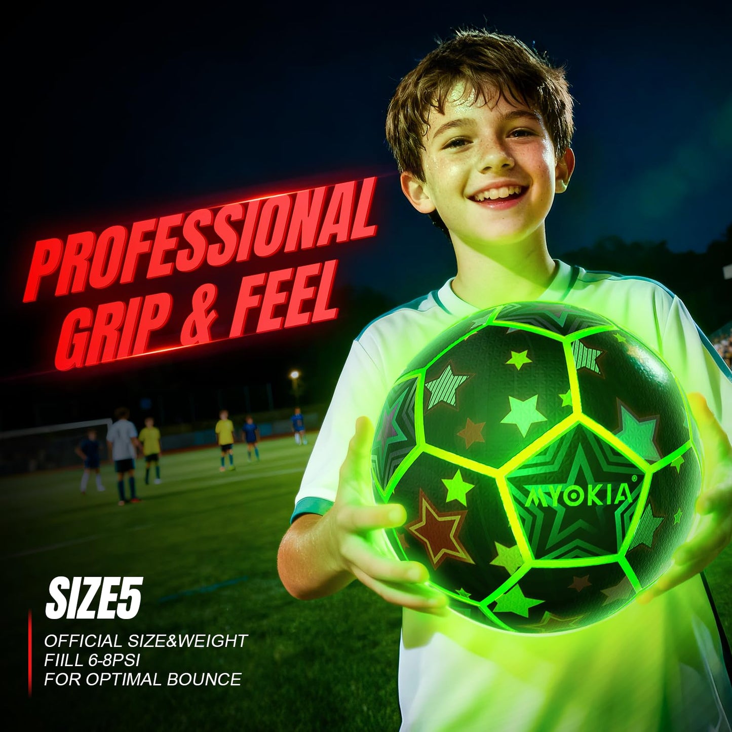 MYOKIA Light Up Soccer Ball – Glow in the Dark, USB Rechargeable RGB Tri-Color (Size 5)