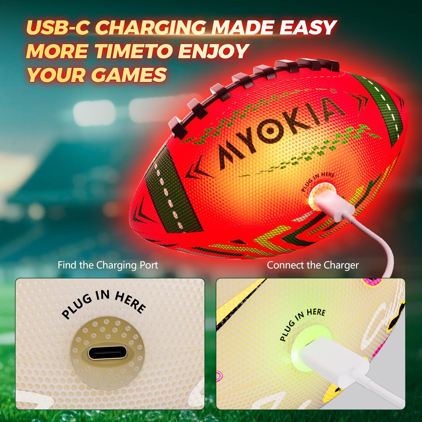 MYOKIA RGB Waterproof Light Up Football — USB Rechargeable, Glow in the Dark, Size 6