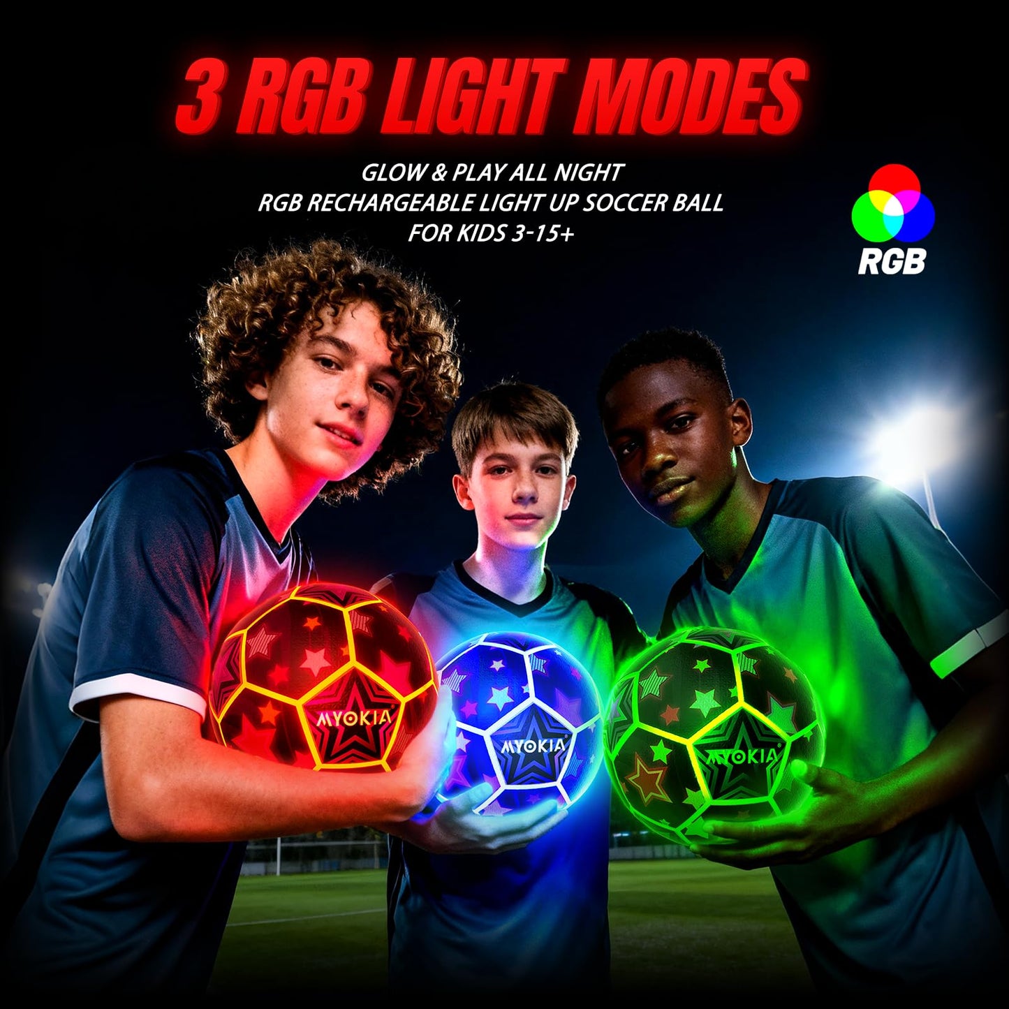 MYOKIA Light Up Soccer Ball – Glow in the Dark, USB Rechargeable RGB Tri-Color (Size 5)