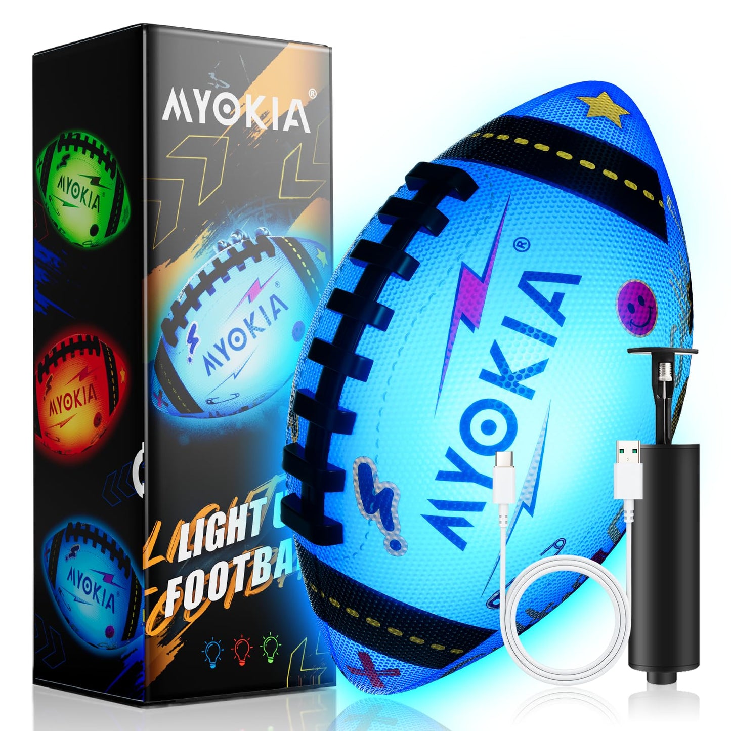 MYOKIA Light Up Football – RGB Glow, USB Rechargeable, Waterproof Size 6 for Night Outdoor Play