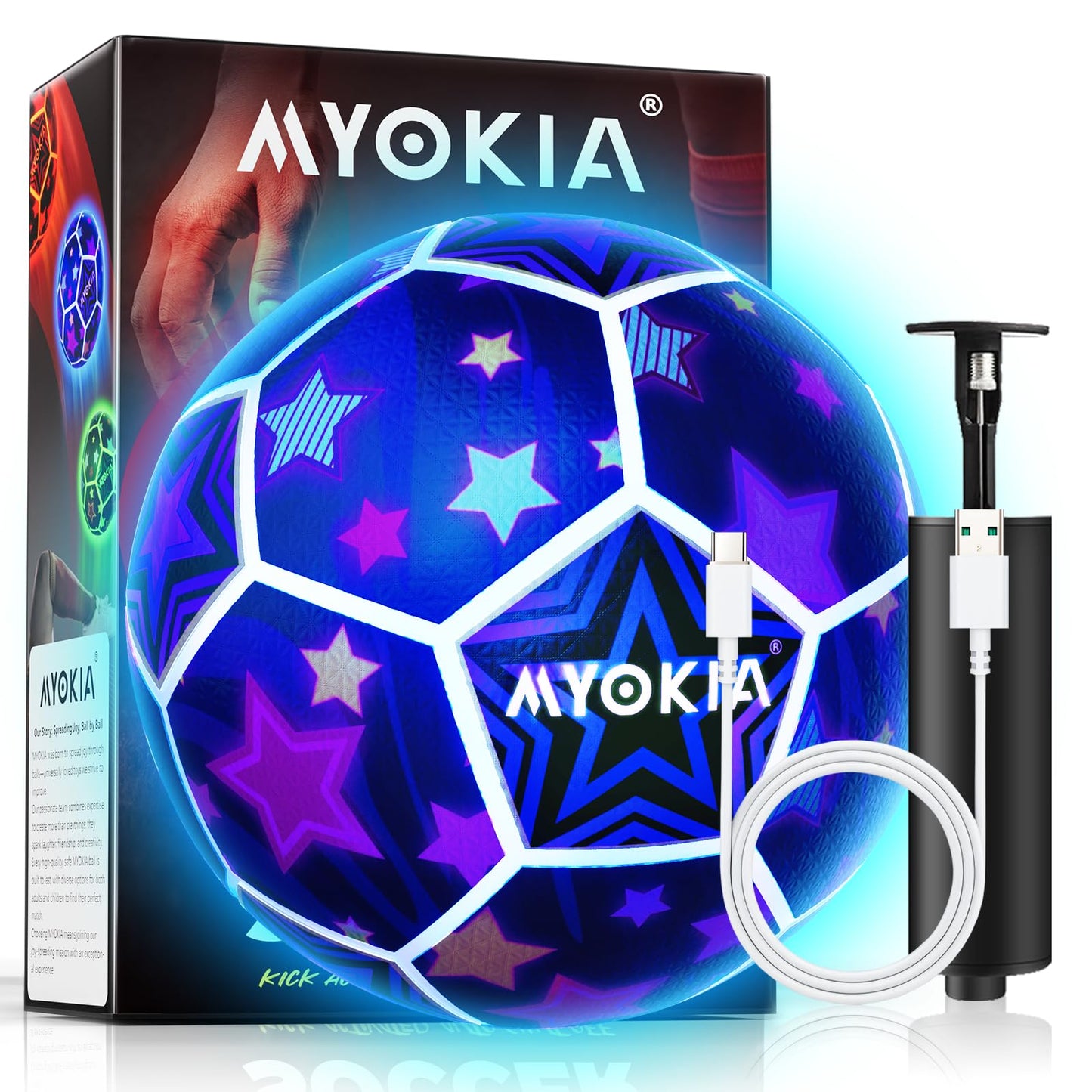 MYOKIA Light Up Soccer Ball – Glow in the Dark, USB Rechargeable RGB Tri-Color (Size 5)