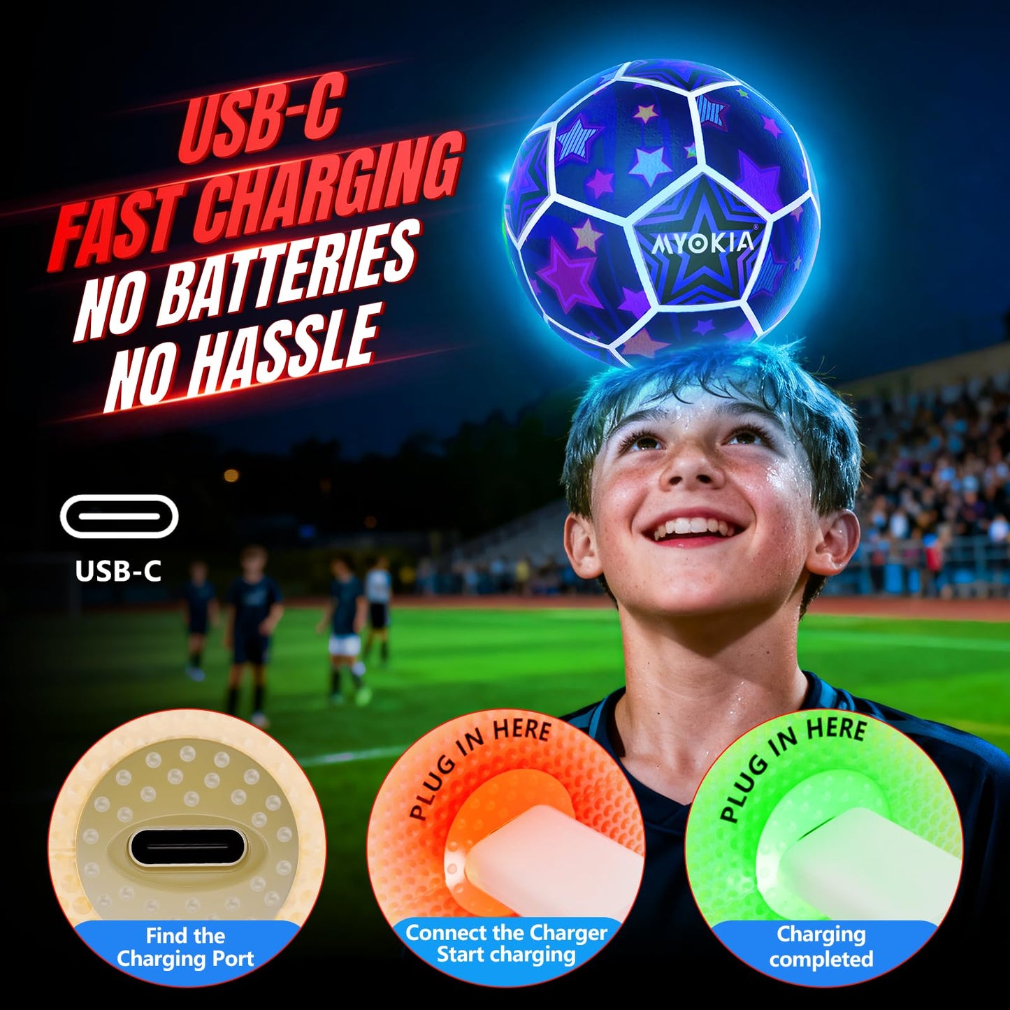 MYOKIA Light Up Soccer Ball – Glow in the Dark, USB Rechargeable RGB Tri-Color (Size 5)