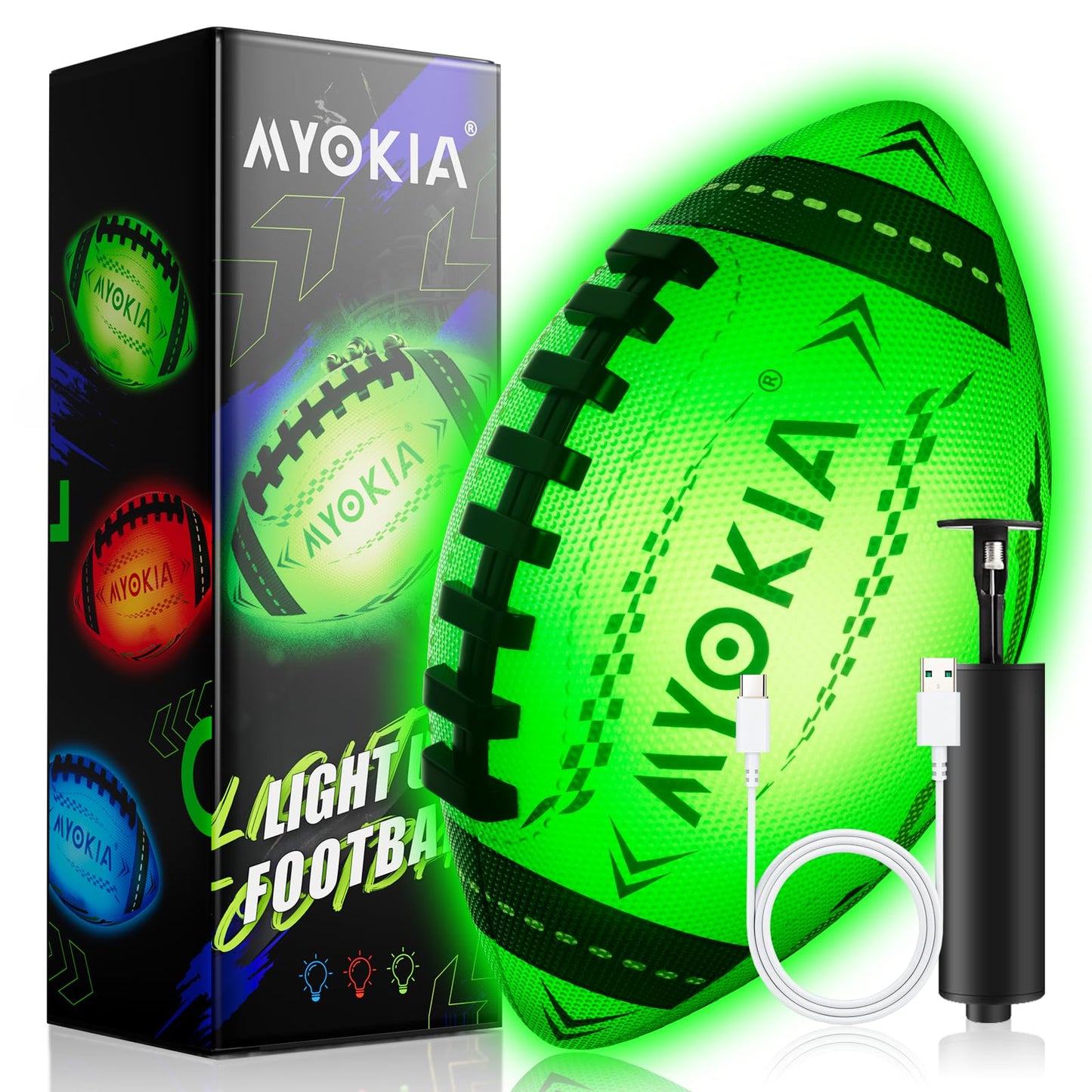 MYOKIA RGB Waterproof Light Up Football — USB Rechargeable, Glow in the Dark, Size 6