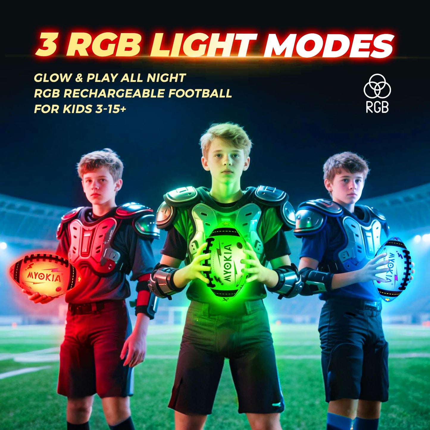 MYOKIA Light Up Football – RGB Glow, USB Rechargeable, Waterproof Size 6 for Night Outdoor Play