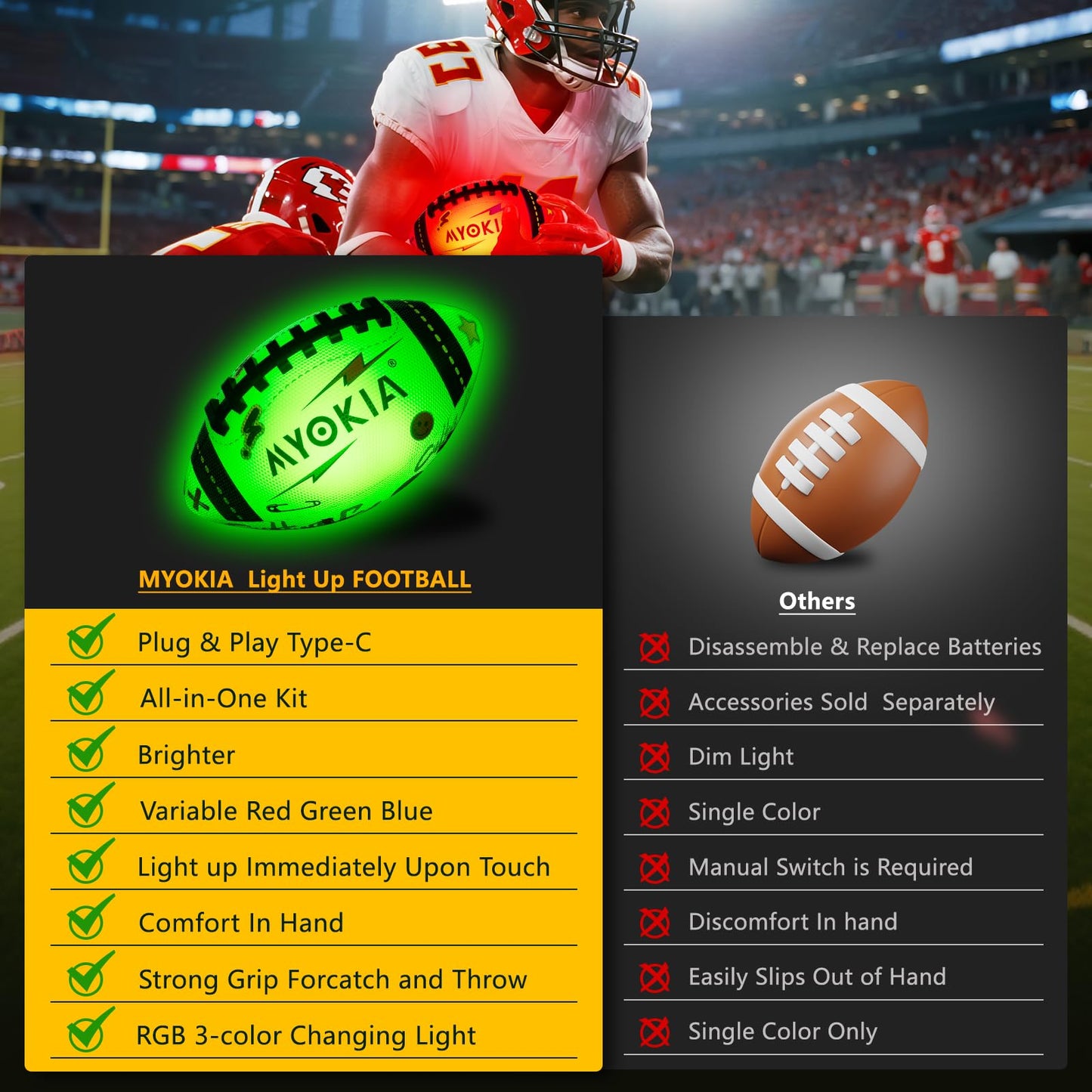 MYOKIA Light Up Football – RGB Glow, USB Rechargeable, Waterproof Size 6 for Night Outdoor Play