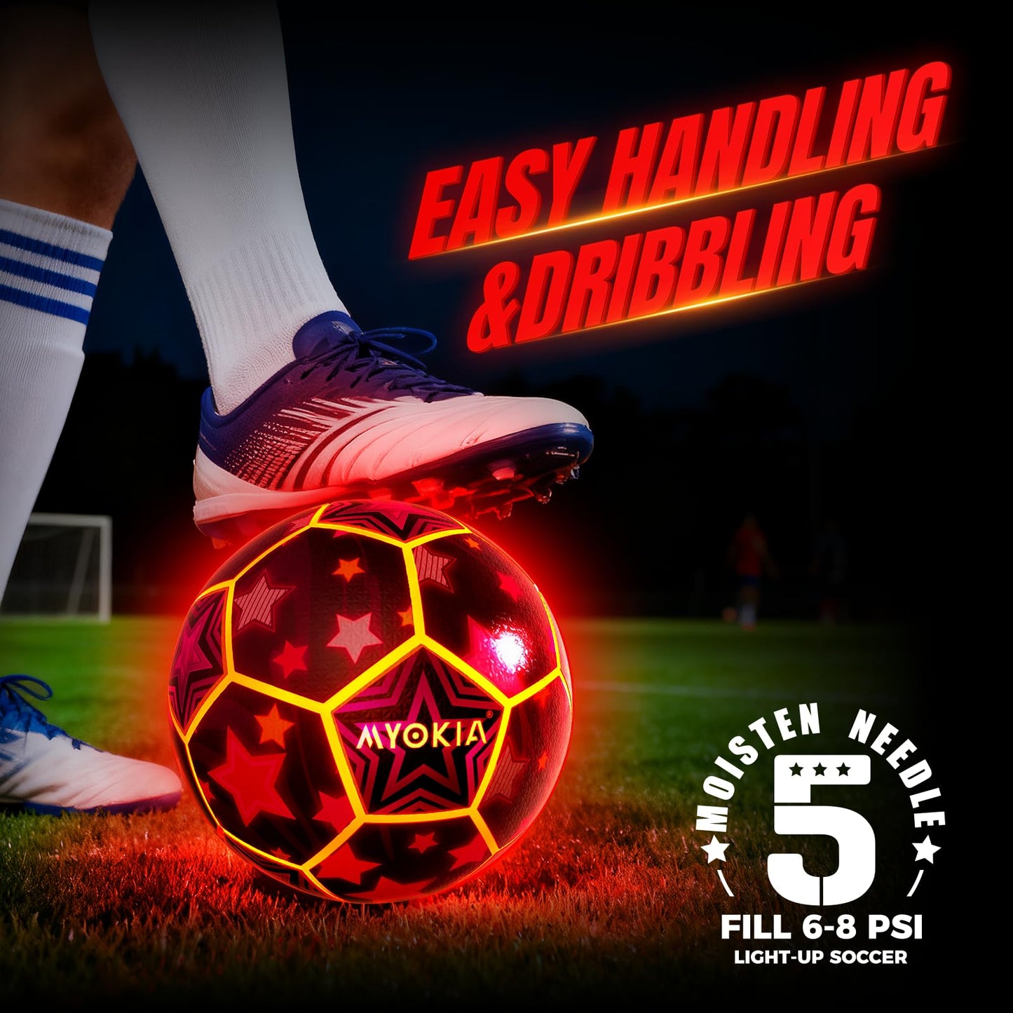 MYOKIA Light Up Soccer Ball – Glow in the Dark, USB Rechargeable RGB Tri-Color (Size 5)
