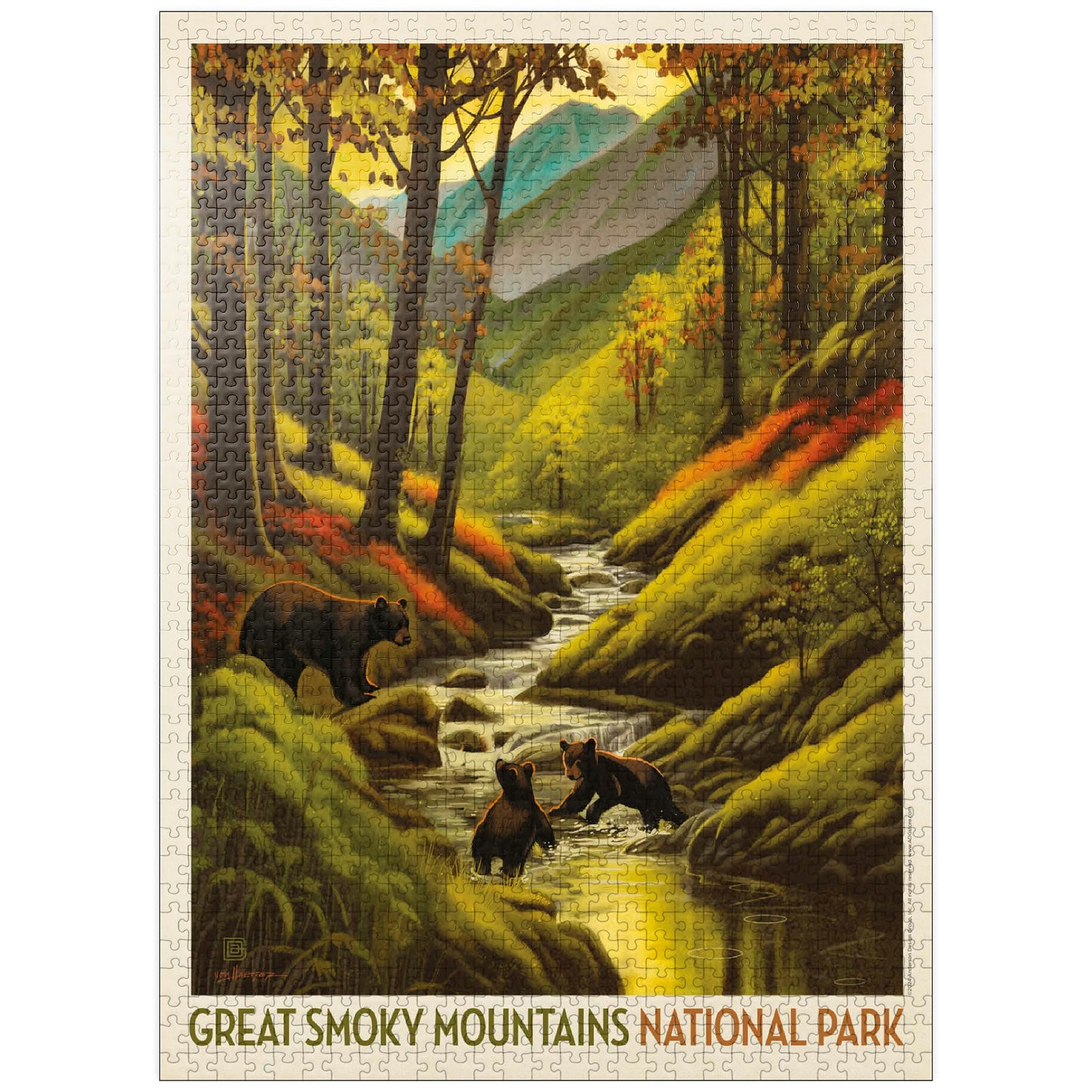 MyPuzzle Great Smoky Mountains National Park: Splashing Cubs Vintage Poster – Premium 1000-Piece Jigsaw Puzzle for Adults