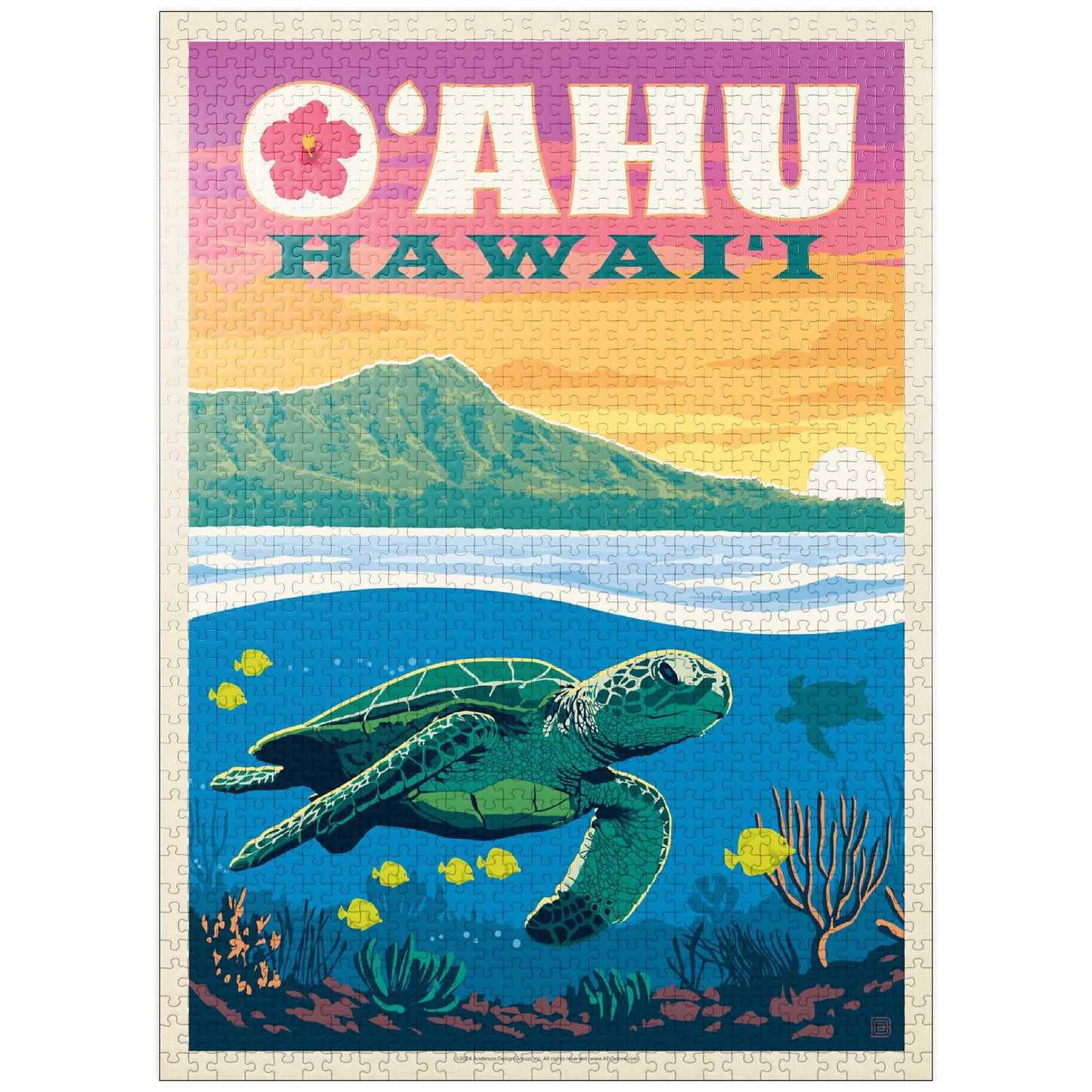MyPuzzle Hawaii O'ahu Sea Turtle – Vintage Poster 1000-Piece Puzzle for Adults | USA Made
