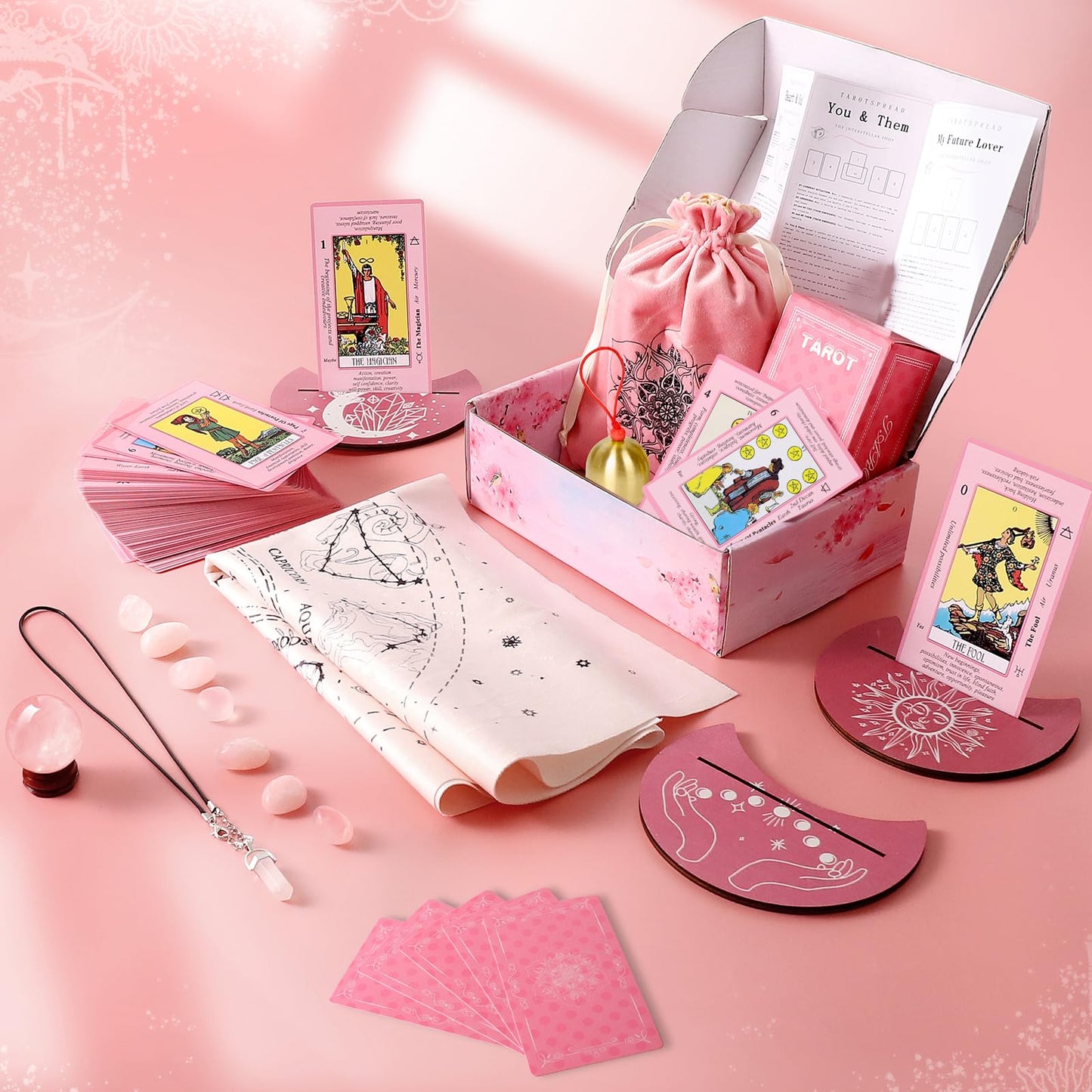 Myripoly Pink Tarot Cards Deck Set for Beginners – 17-Piece Kit with Feng Shui Bracelet