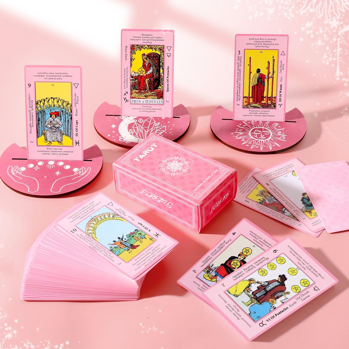 Myripoly Pink Tarot Cards Deck Set for Beginners – 17-Piece Kit with Feng Shui Bracelet