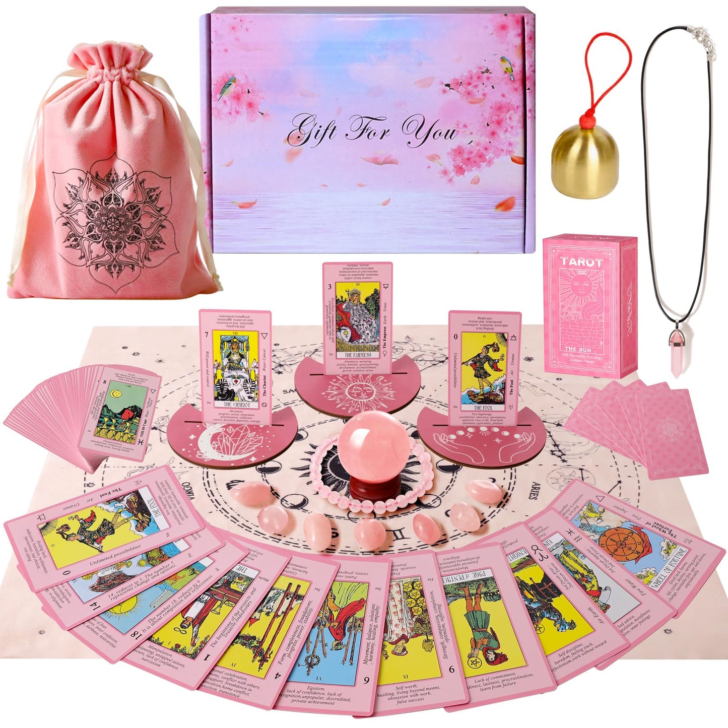 Myripoly Pink Tarot Cards Deck Set for Beginners – 17-Piece Kit with Feng Shui Bracelet