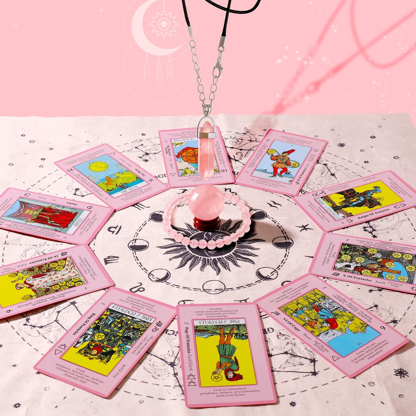 Myripoly Pink Tarot Cards Deck Set for Beginners – 17-Piece Kit with Feng Shui Bracelet