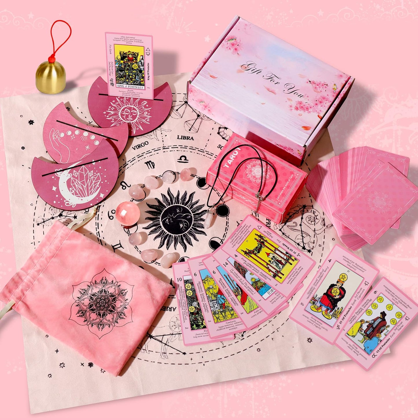 Myripoly Pink Tarot Cards Deck Set for Beginners – 17-Piece Kit with Feng Shui Bracelet