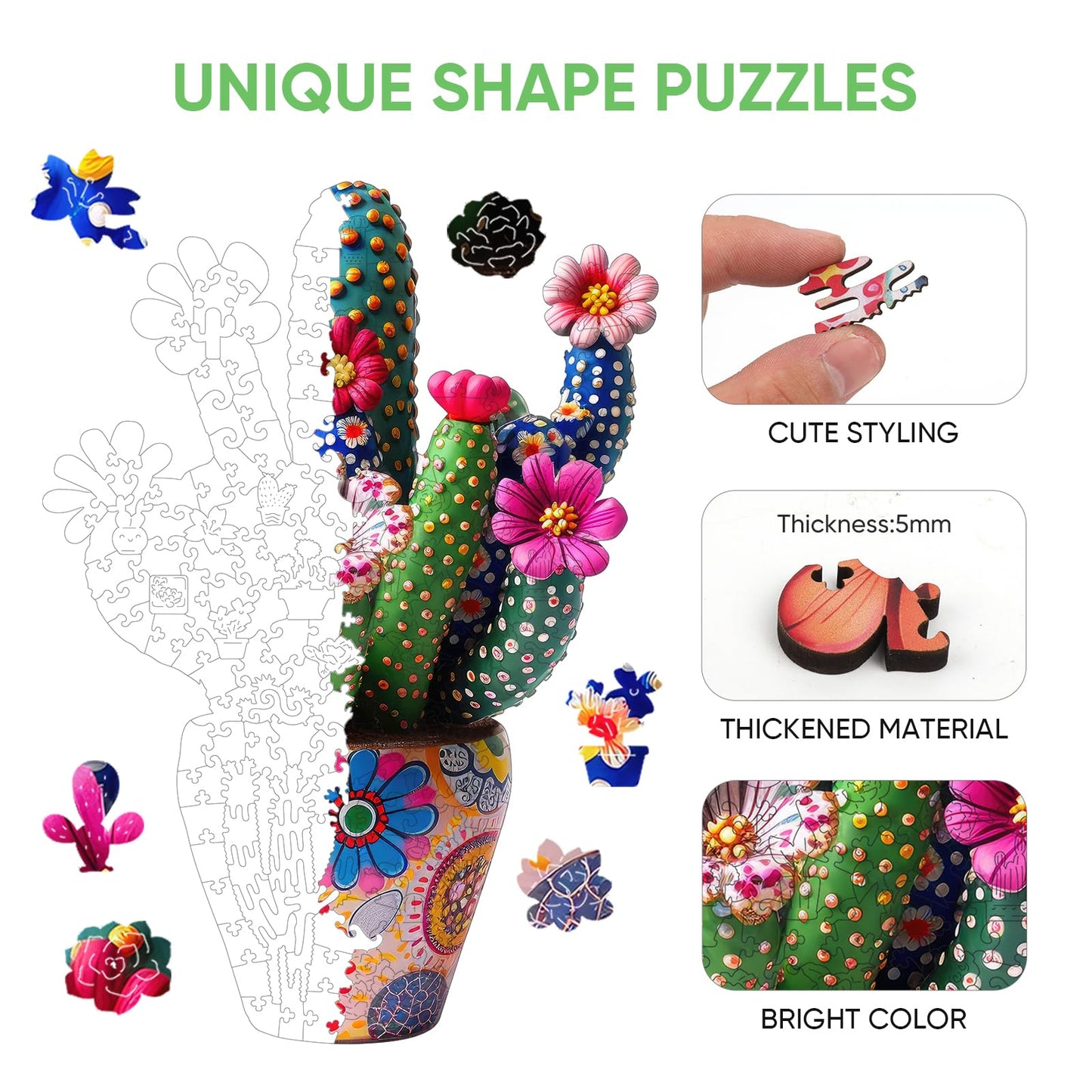 Mys Aurora Cactus Flower Wooden Puzzle — 500 Pieces, Unique Shaped Jigsaw for Adults
