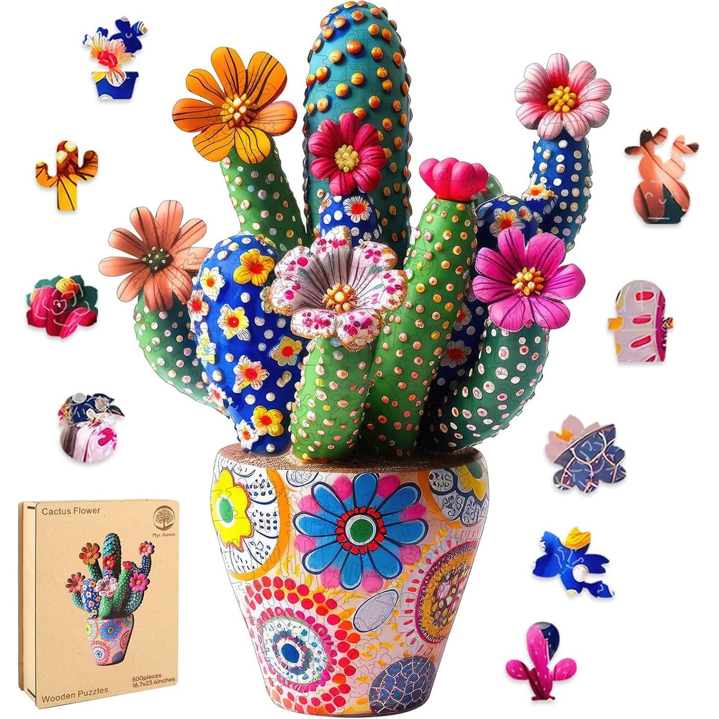 Mys Aurora Cactus Flower Wooden Puzzle — 500 Pieces, Unique Shaped Jigsaw for Adults