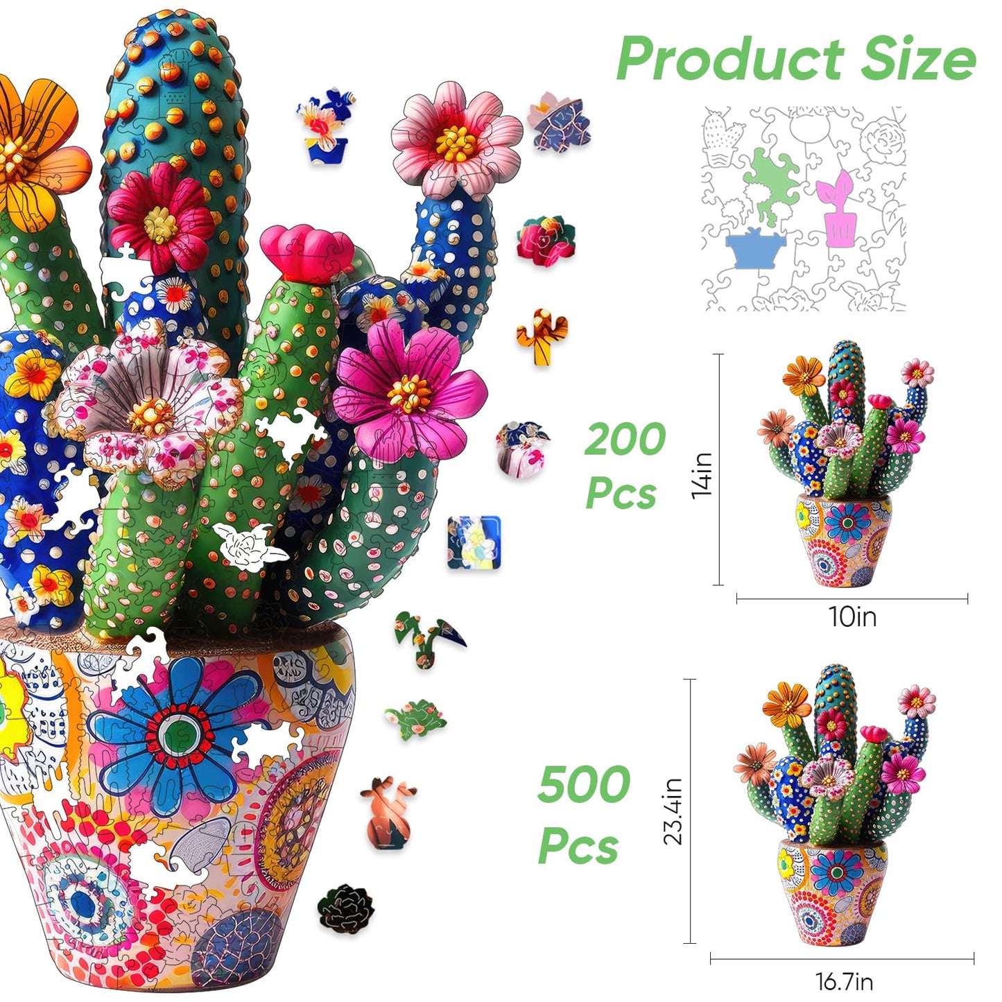 Mys Aurora Cactus Flower Wooden Puzzle — 500 Pieces, Unique Shaped Jigsaw for Adults