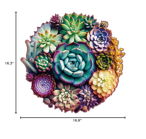Mys Aurora Unique Wooden Jigsaw Puzzles – Mandala Succulent, King Size 16.9'' x 16.3''
