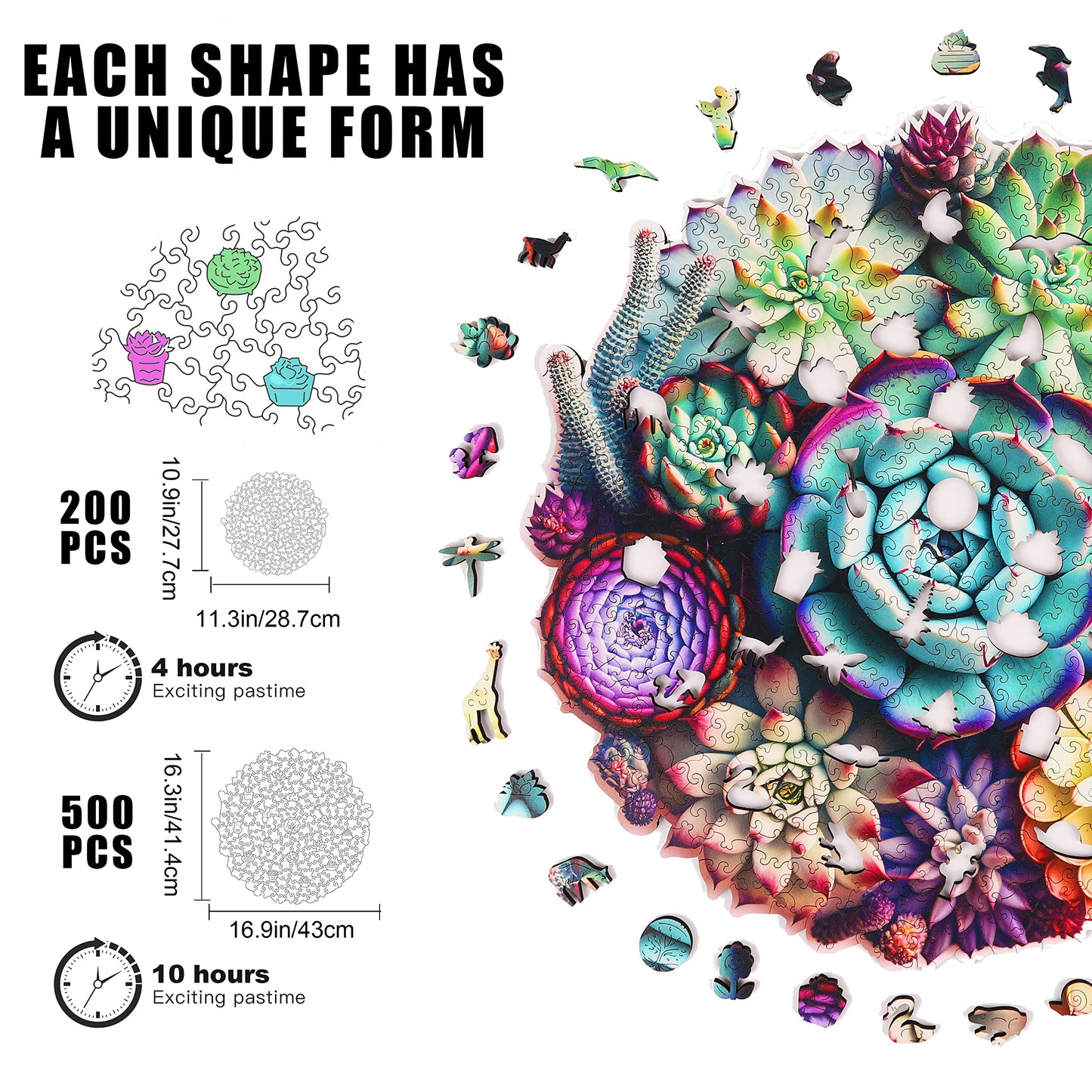 Mys Aurora Unique Wooden Jigsaw Puzzles – Mandala Succulent, King Size 16.9'' x 16.3''