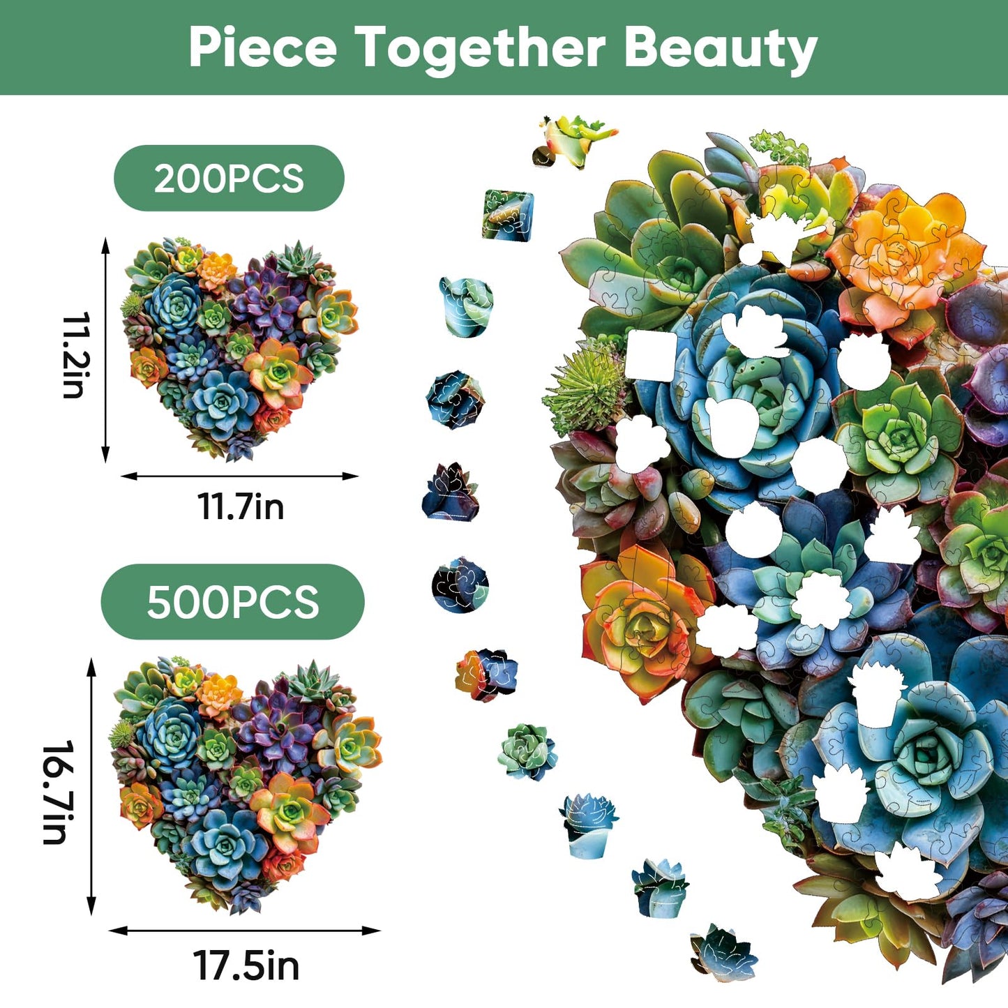 Mys Aurora 200-Piece FSC Wooden Jigsaw Puzzle – Heart Succulent for Adults