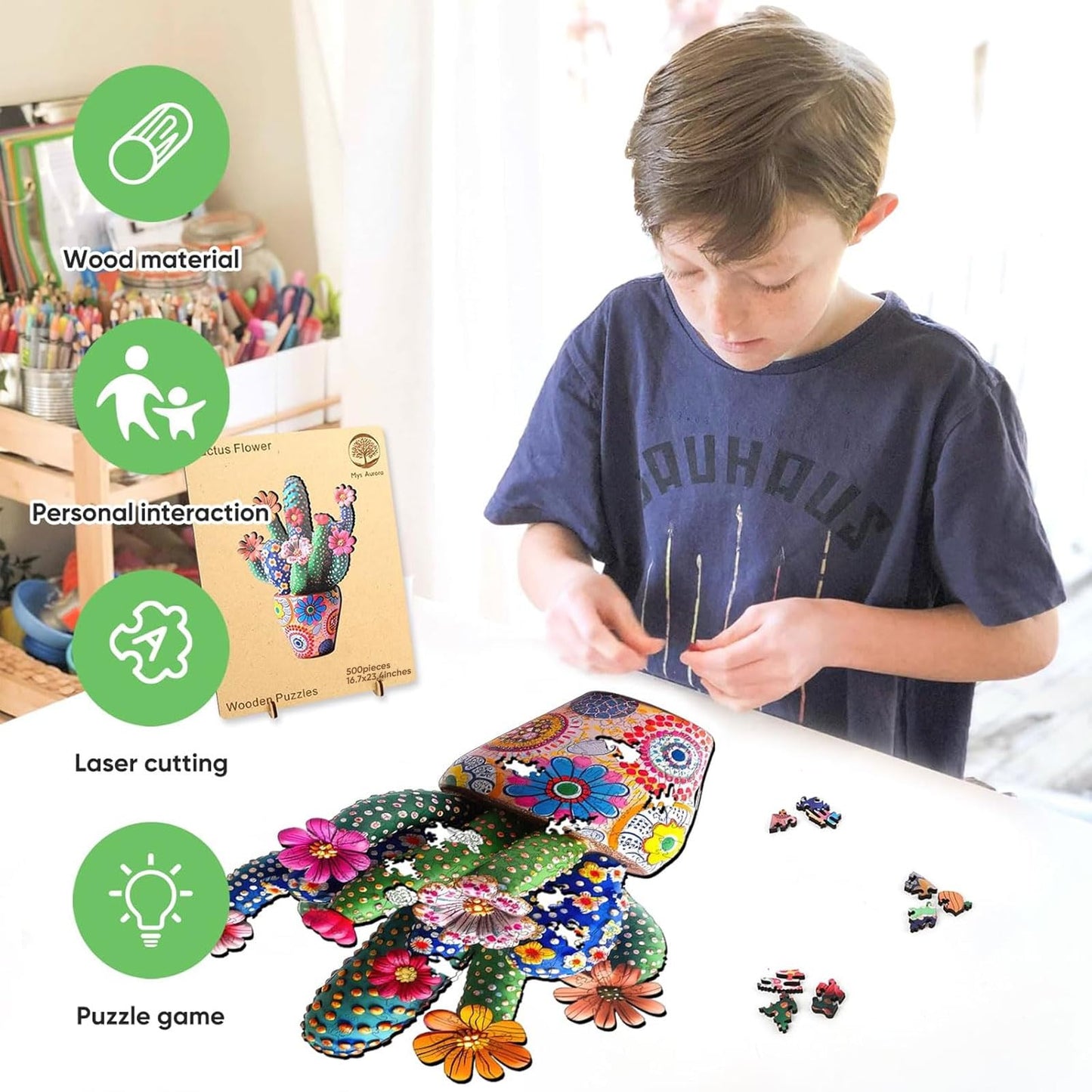 Mys Aurora Cactus Flower Wooden Puzzle — 500 Pieces, Unique Shaped Jigsaw for Adults