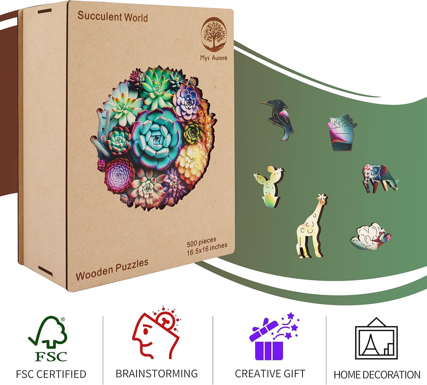 Mys Aurora Unique Wooden Jigsaw Puzzles – Mandala Succulent, King Size 16.9'' x 16.3''