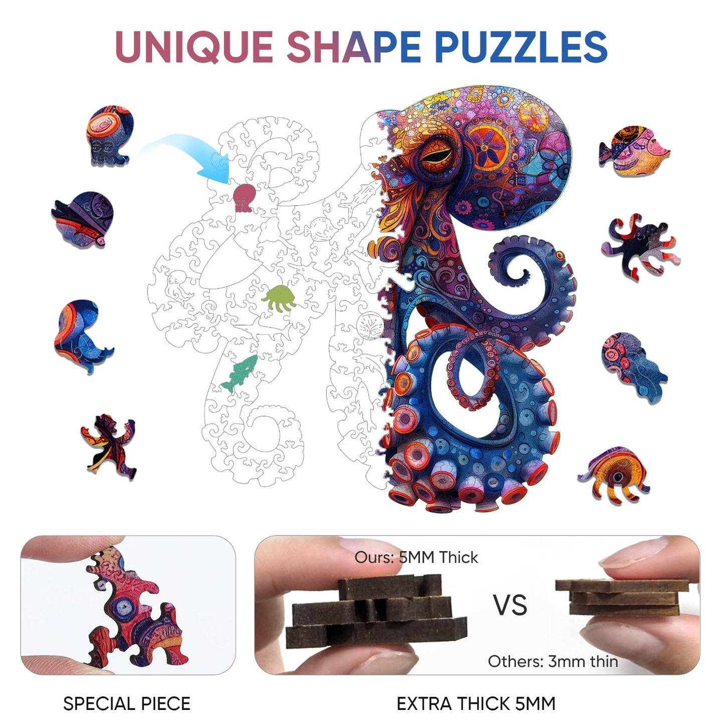 Mys Aurora Octopus Puzzle – 500-Piece 5mm Wooden Ocean Jigsaw (17x17 in) for Adults & Kids
