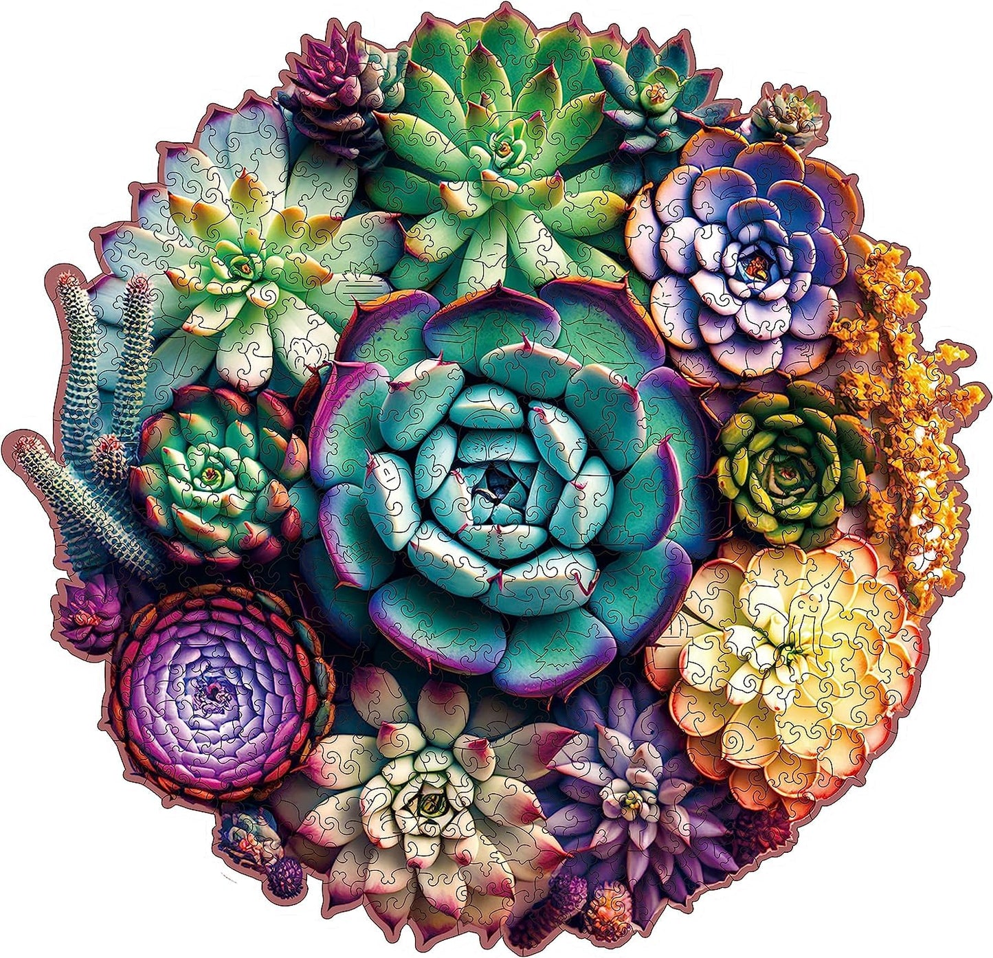 Mys Aurora Unique Wooden Jigsaw Puzzles – Mandala Succulent, King Size 16.9'' x 16.3''