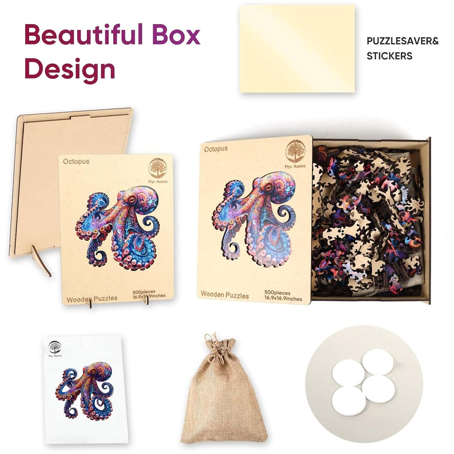 Mys Aurora Octopus Puzzle – 500-Piece 5mm Wooden Ocean Jigsaw (17x17 in) for Adults & Kids